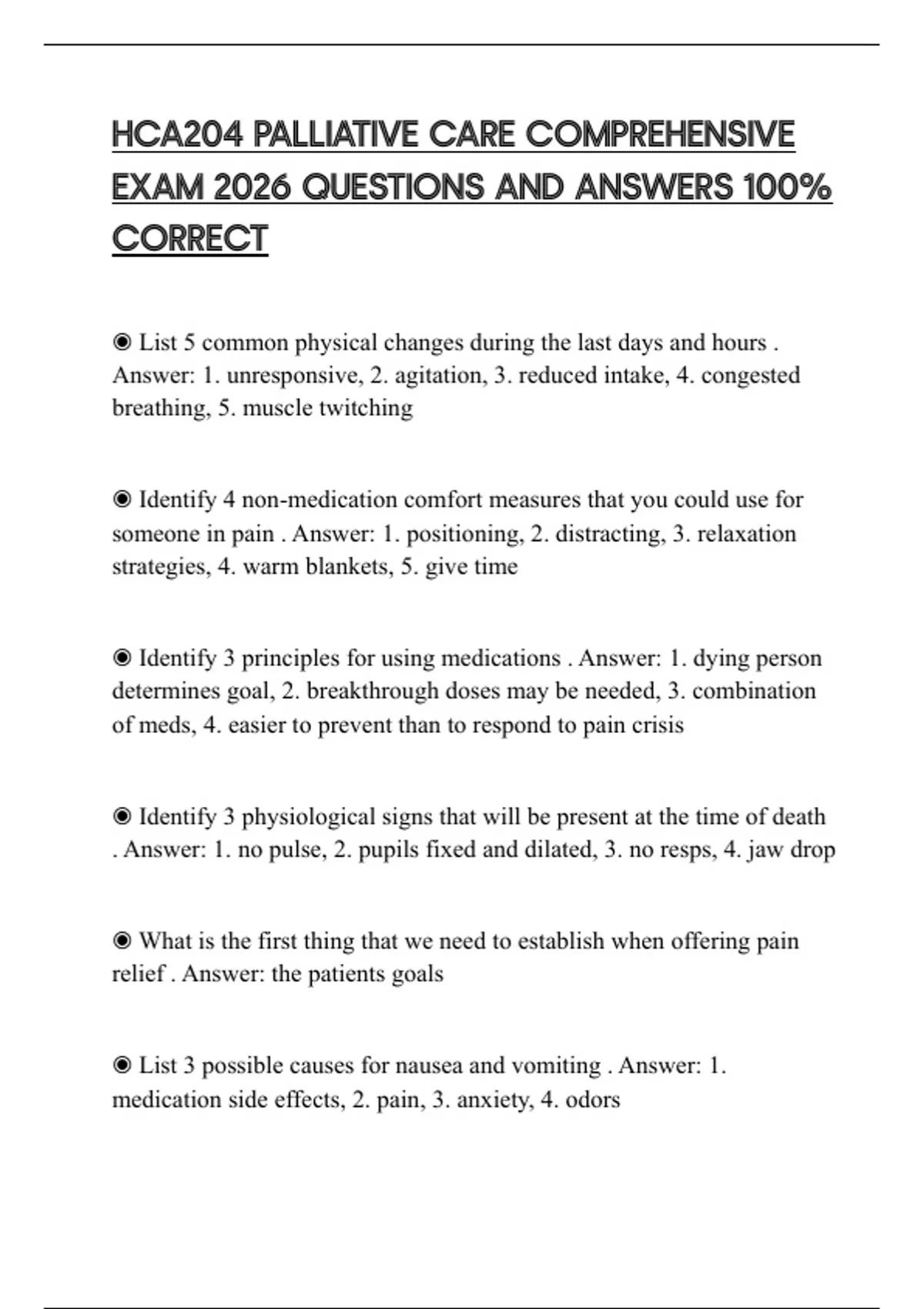 HCA204 PALLIATIVE CARE COMPREHENSIVE EXAM 2026 QUESTIONS AND ANSWERS 100% CORRECT - HCA204 ...