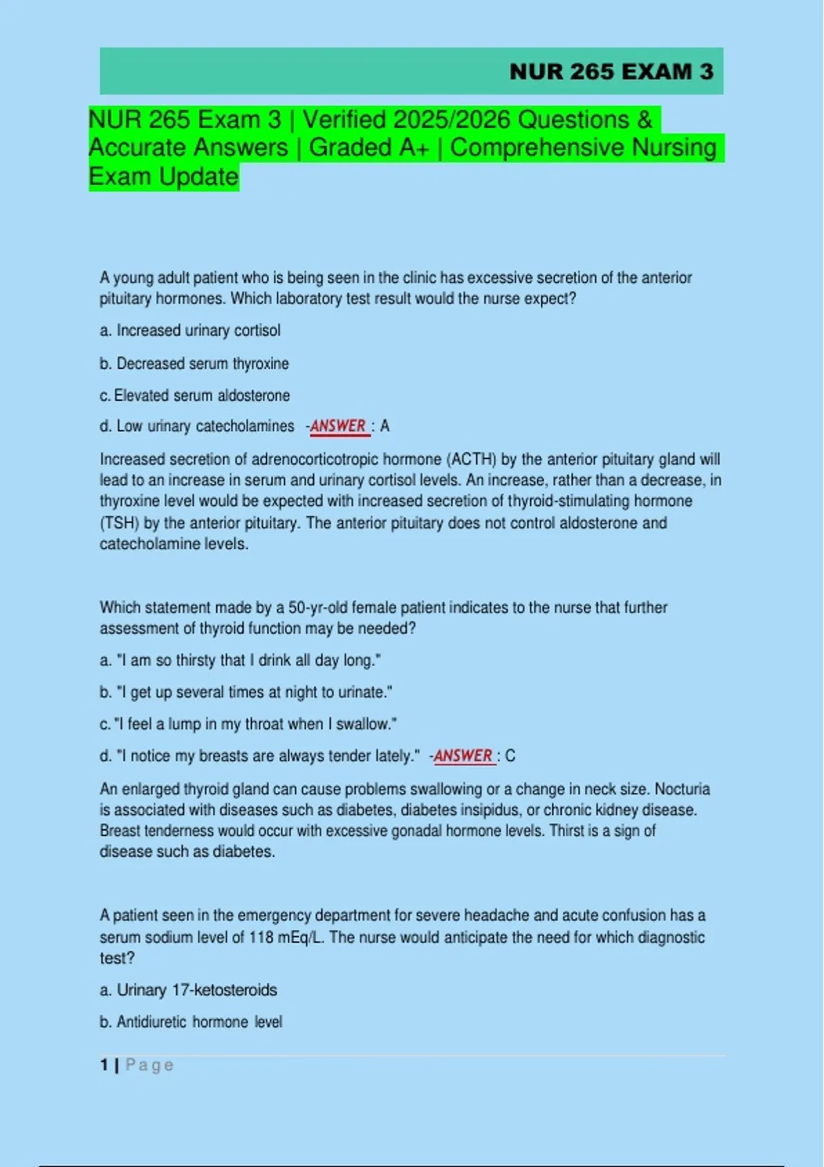 NUR 265 Exam 3 | Verified 2025/2026 Questions & Accurate Answers ...