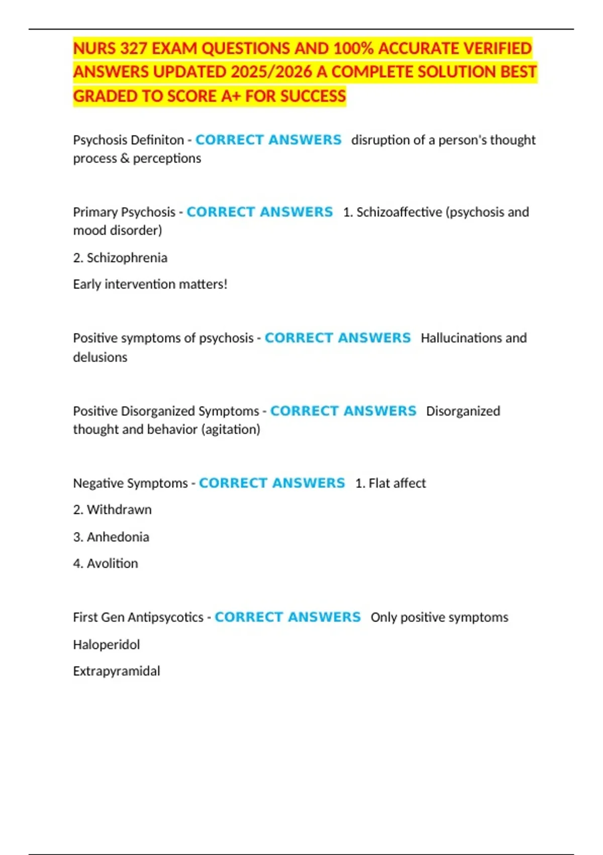 NURS 327 EXAM QUESTIONS AND 100% ACCURATE VERIFIED ANSWERS UPDATED 2025 ...