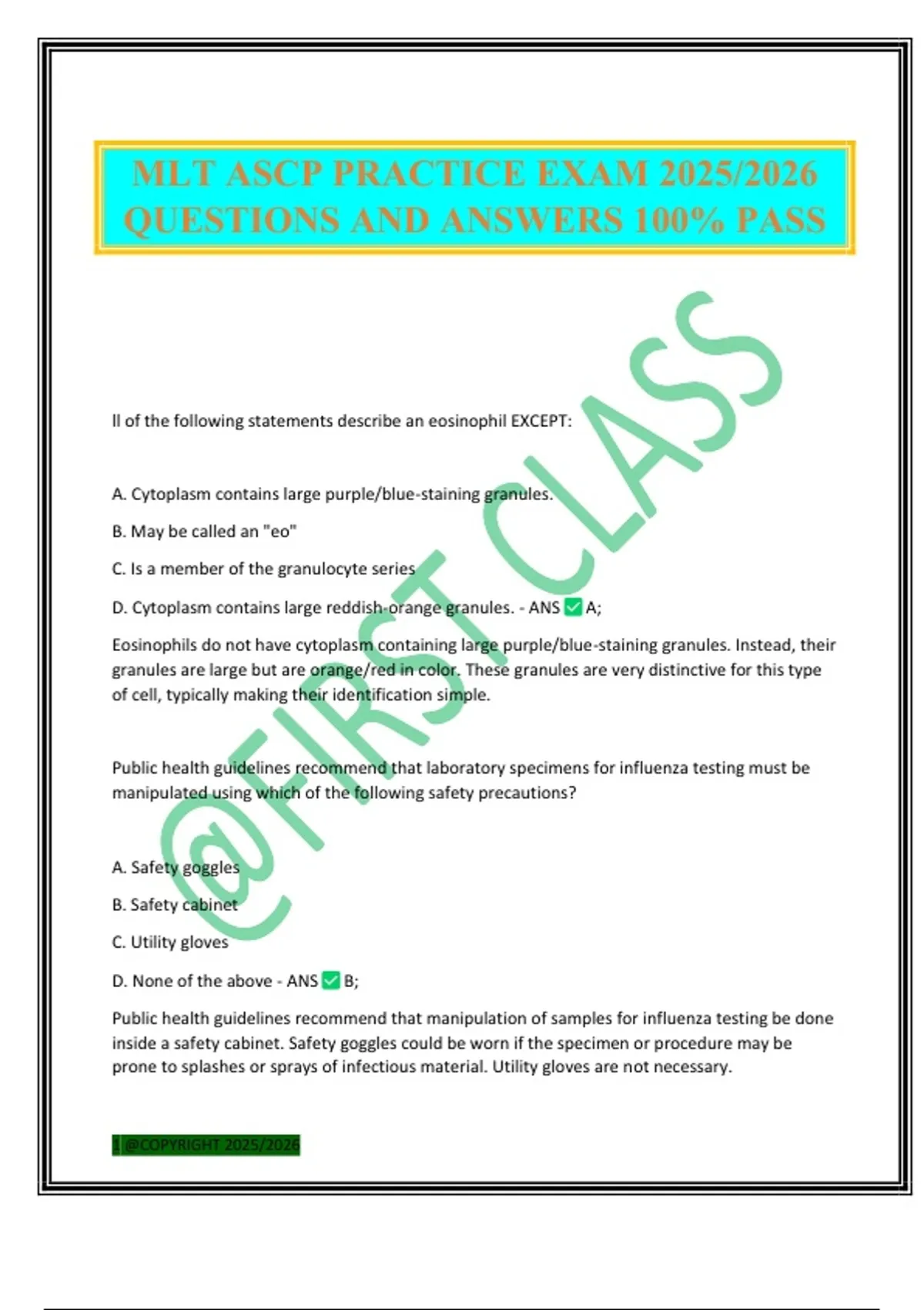MLT ASCP PRACTICE EXAM 2025/2026 QUESTIONS AND ANSWERS 100% PASS - MLT ...