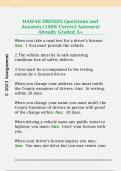HAWAII DRIVERS Questions and  Answers &lpar;100&percnt; Correct Answers&rpar;  Already Graded A&plus;