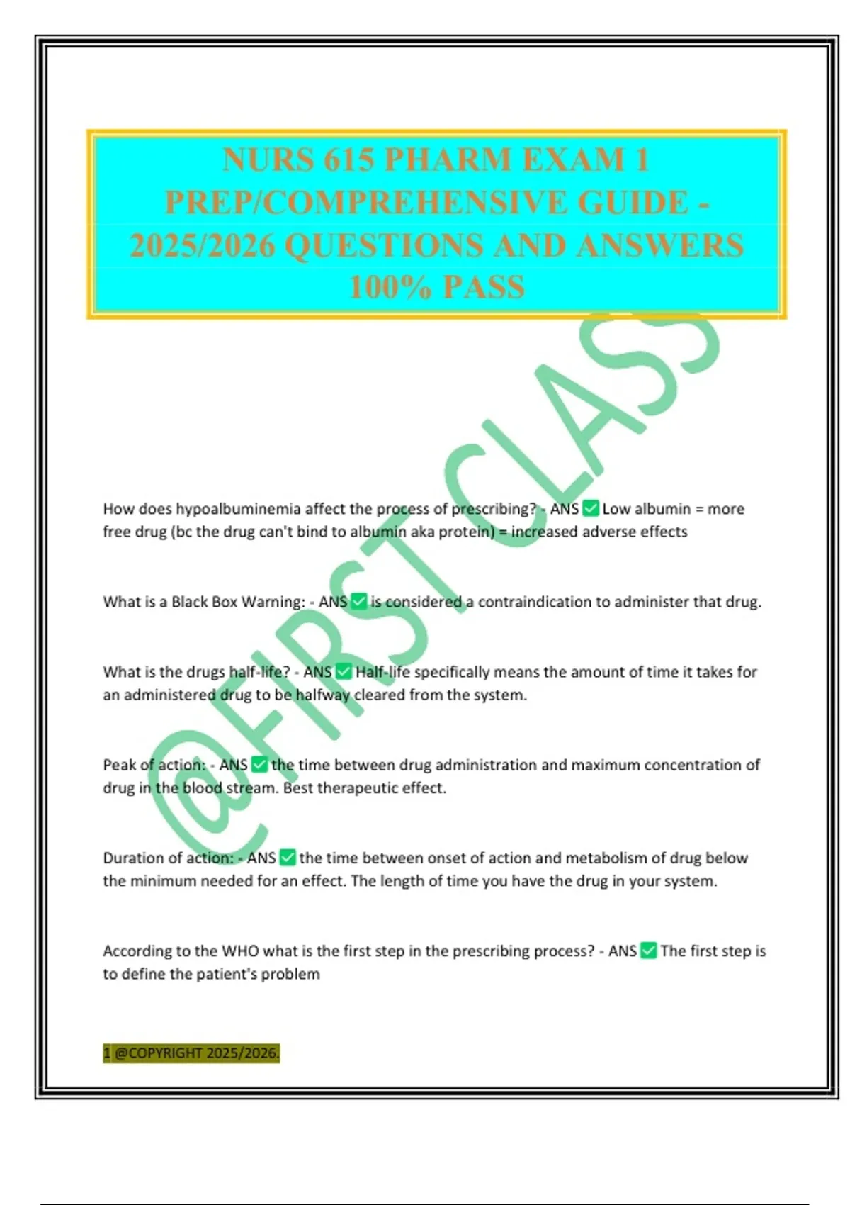 NURS 615 PHARM EXAM 1 PREP/COMPREHENSIVE GUIDE - 2025/2026 QUESTIONS ...