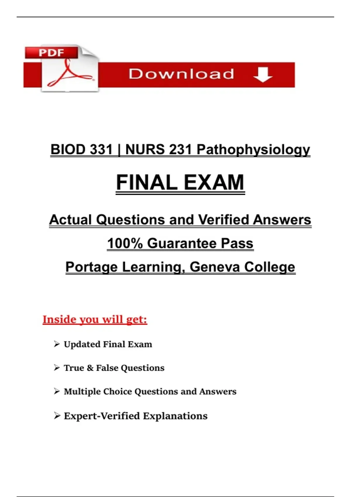 BIOD 331 | NURS 231 Pathophysiology FINAL EXAM Actual Questions and ...
