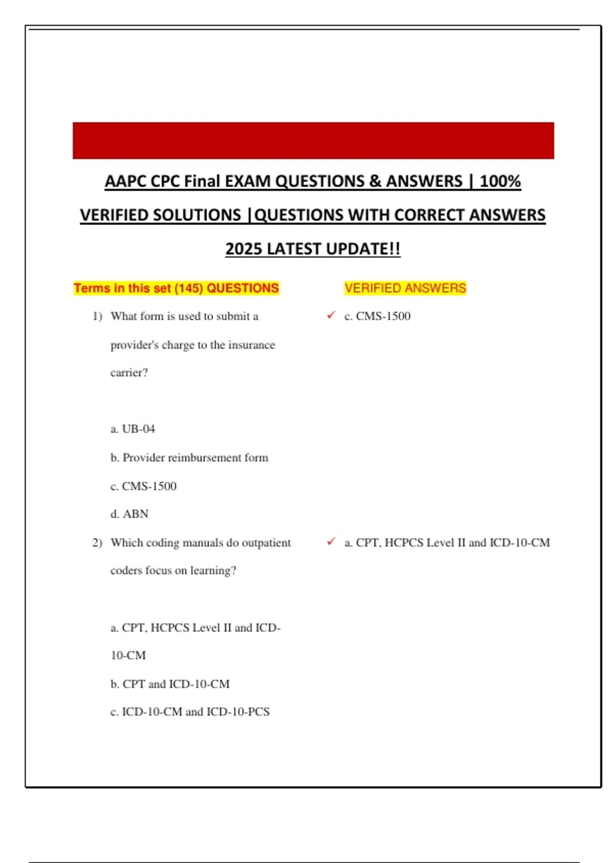 AAPC CPC Final EXAM QUESTIONS & ANSWERS | 100% VERIFIED SOLUTIONS ...