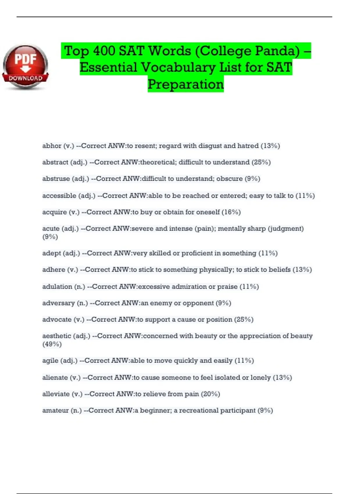 Sat Prep Essentials Top 400 SAT Words (College Panda) – Essential Vocabulary List for SAT ...