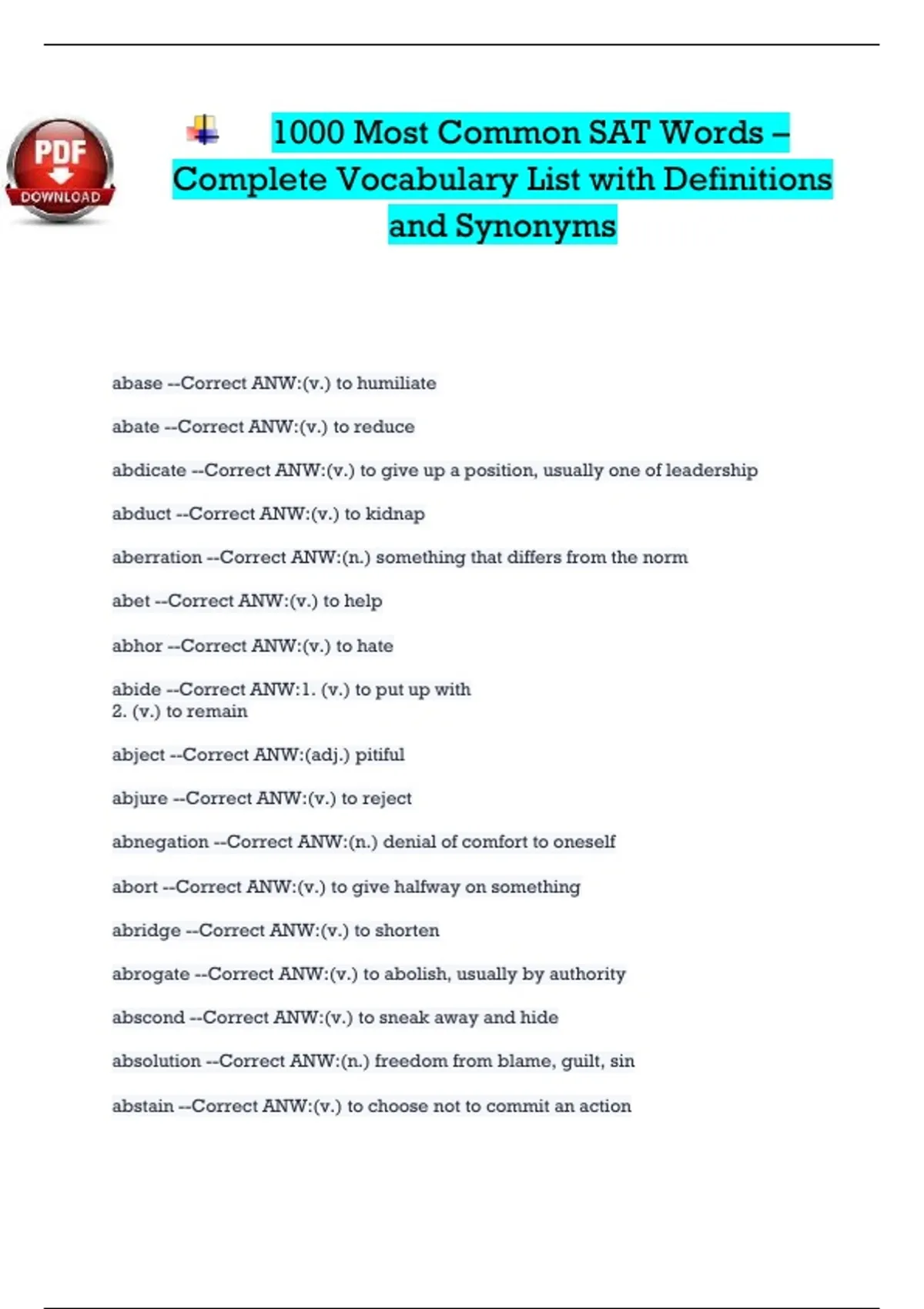 1000 Most Common SAT Words – Complete Vocabulary List with Definitions ...