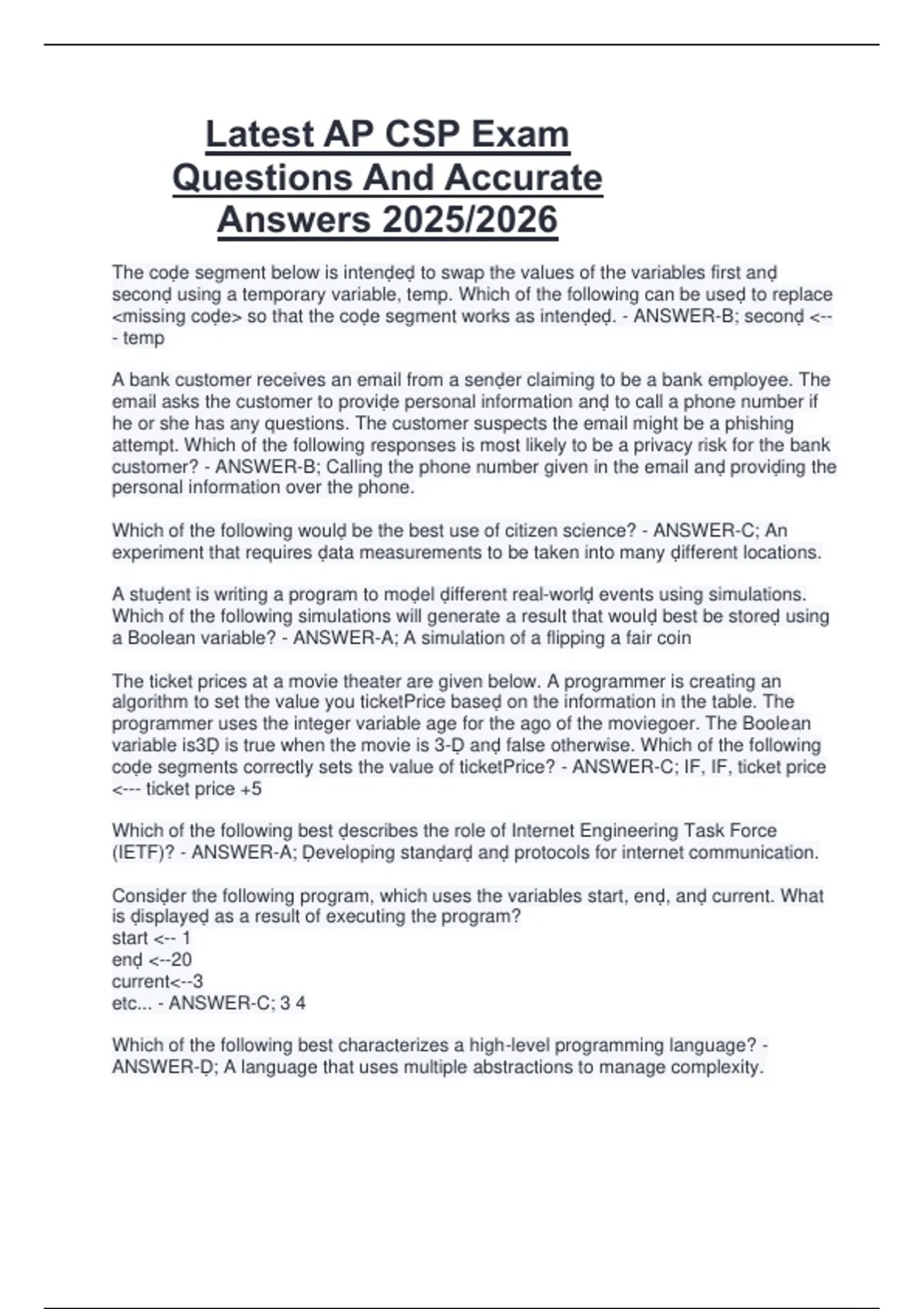 Latest AP CSP Exam Questions And Accurate Answers 2025/2026 - AP CSP ...