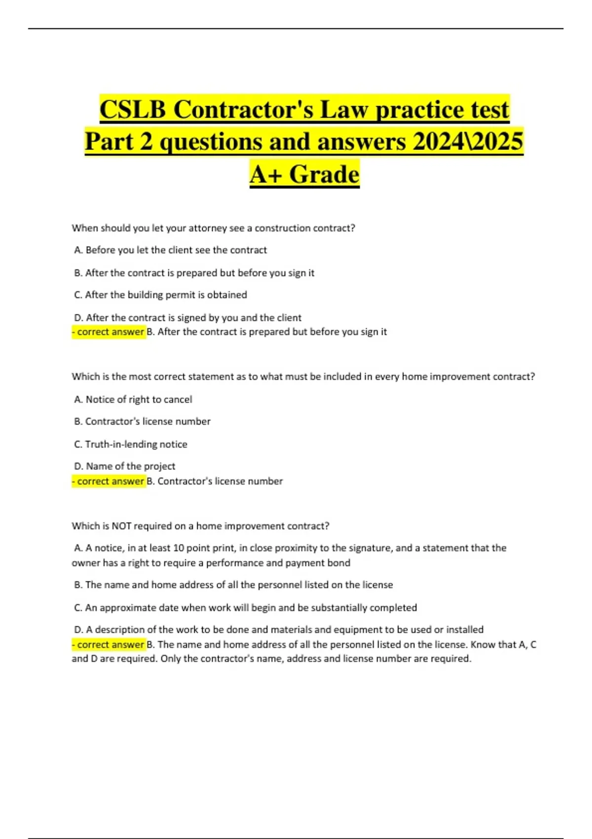 CSLB Contractor’s Exam Practice Questions and Answers – Latest Verified ...