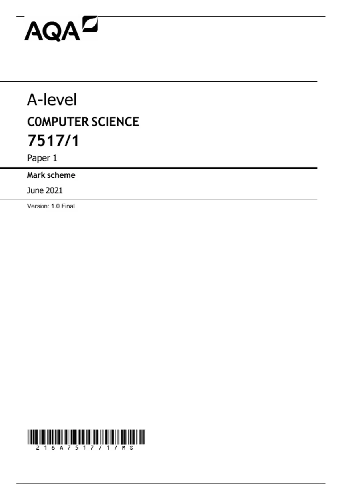A-Level Computer Science 7517/1 Paper 1 Mark Scheme | Verified June ...