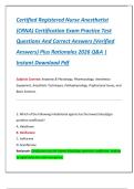 Certified Registered Nurse Anesthetist  &lpar;CRNA&rpar; Certification Exam Practice Test  Questions And Correct Answers &lpar;Verified  Answers&rpar; Plus Rationales 2026 Q&A &vert;  Instant Download Pdf