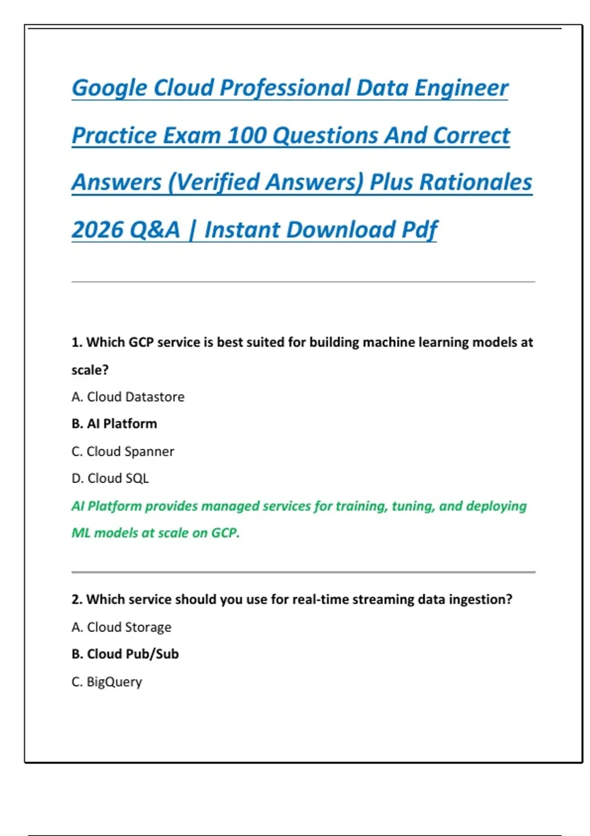 Google Cloud Professional Data Engineer Practice Exam 100 Questions And ...