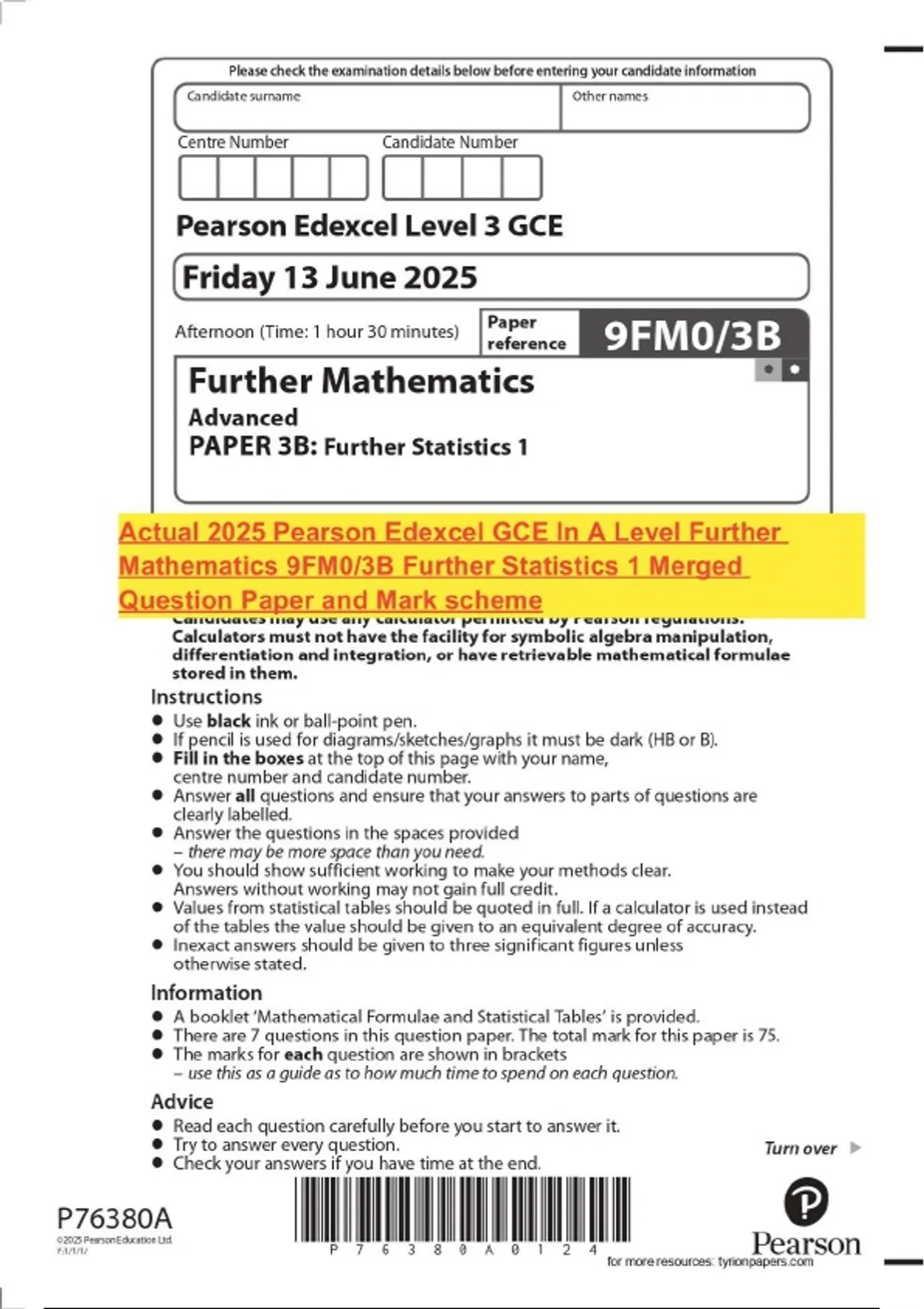 Actual 2025 Pearson Edexcel GCE In A Level Further Mathematics 9FM0/3B ...