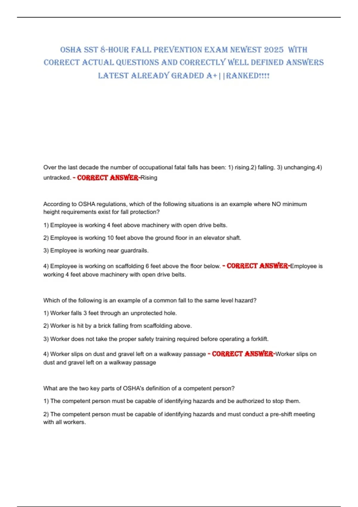 Osha Fall Math OSHA SST 8-HOUR FALL PREVENTION EXAM NEWEST 2025 WITH CORRECT ACTUAL ...