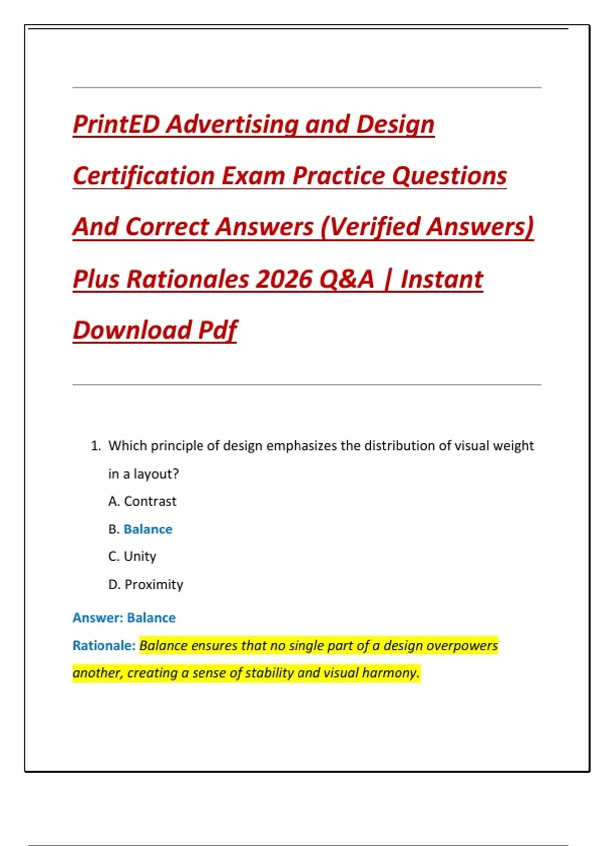 PrintED Advertising and Design Certification Exam Practice Questions ...