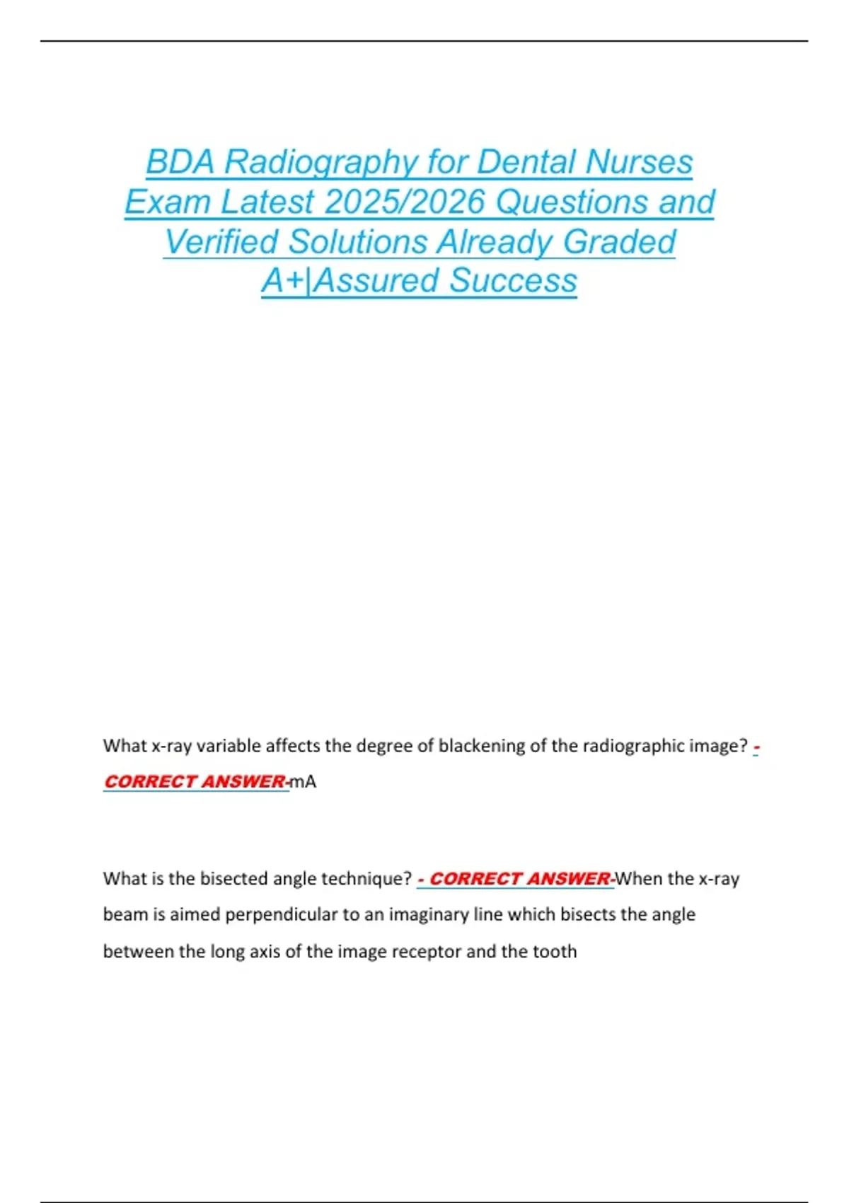 BDA Radiography and Radiology Exam Latest 2025/2026 Questions and ...