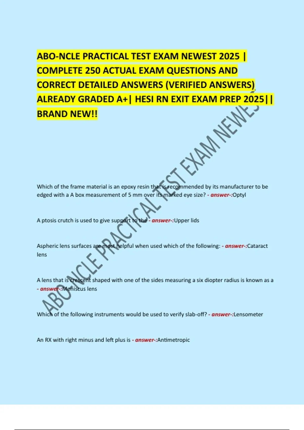 Ncle ABO-NCLE PRACTICAL TEST EXAM NEWEST 2025 | COMPLETE 250 ACTUAL EXAM ...