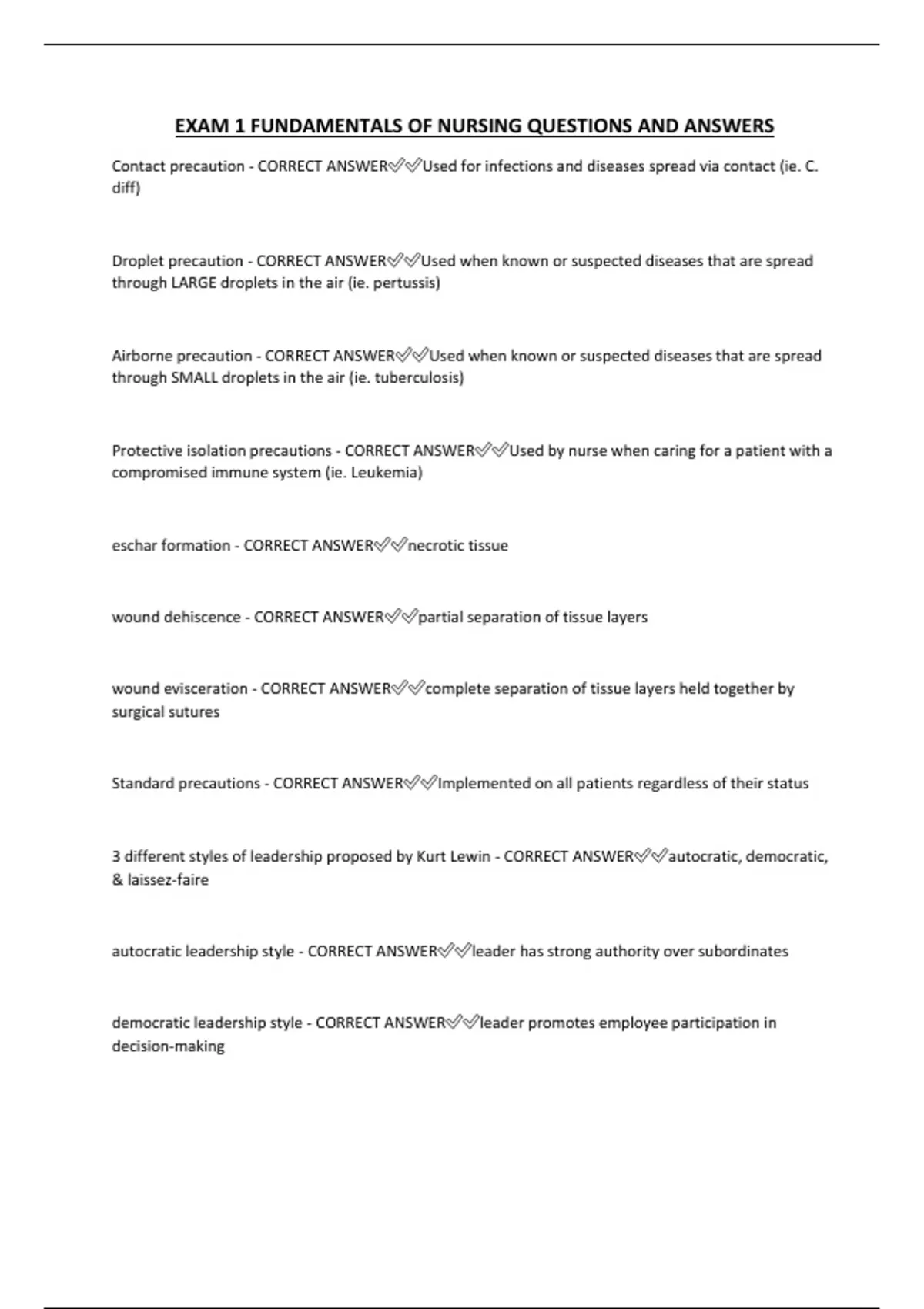 EXAM 1 FUNDAMENTALS OF NURSING QUESTIONS AND ANSWERS - FUNDAMENTALS OF ...