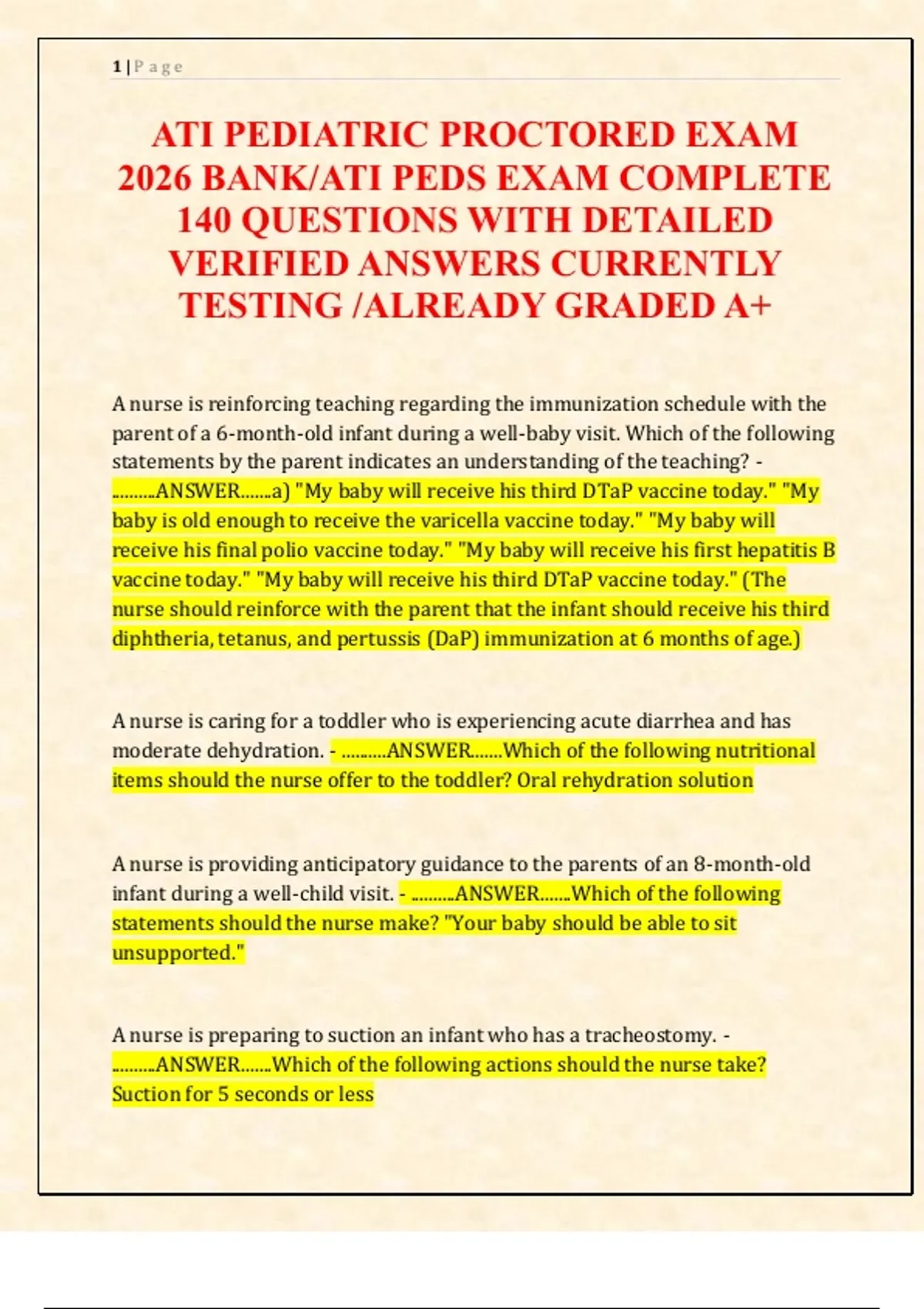 ATI PEDIATRIC PROCTORED EXAM 2026 BANK/ATI PEDS EXAM COMPLETE 140 ...