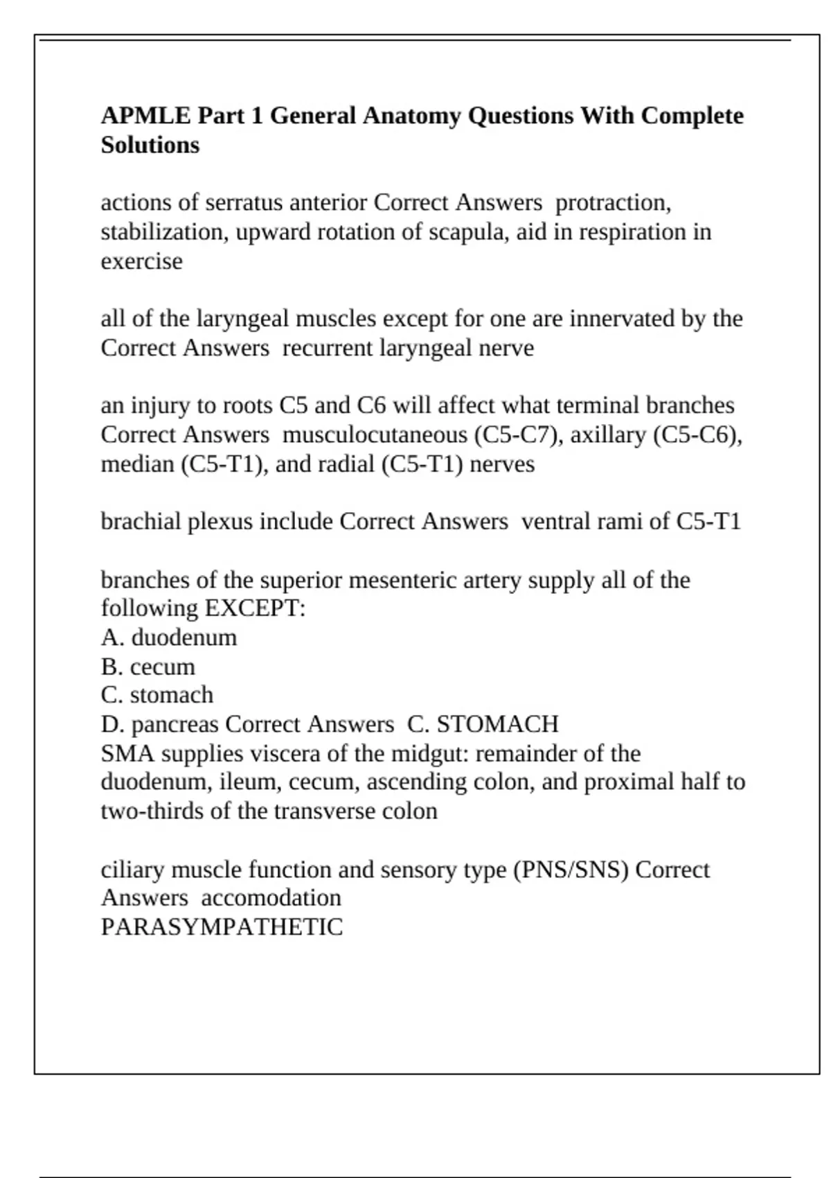 APMLE Part 1 General Anatomy Questions With Complete Solutions - APMLE ...