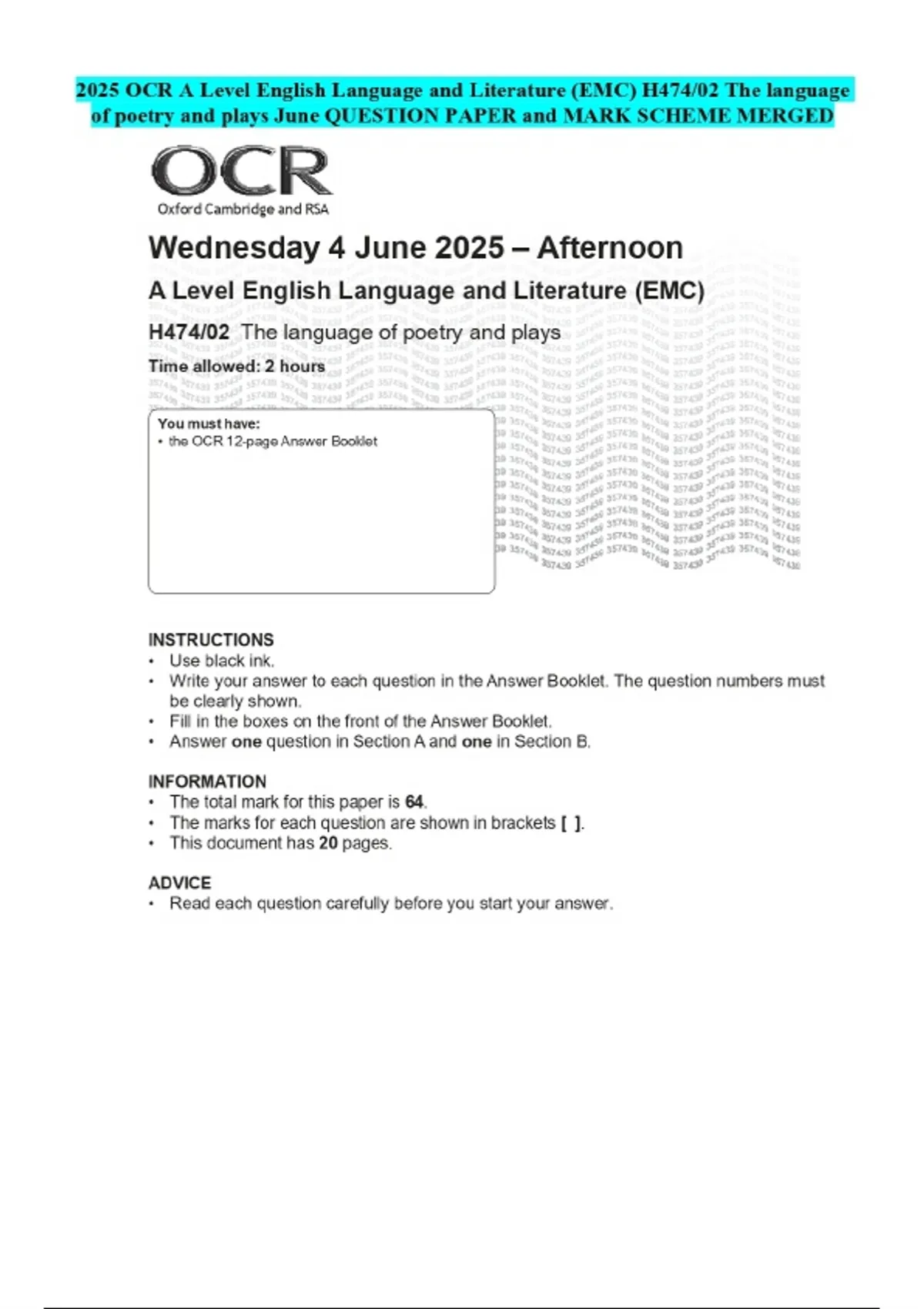 2025 OCR A Level English Language and Literature (EMC) H474/02 The ...
