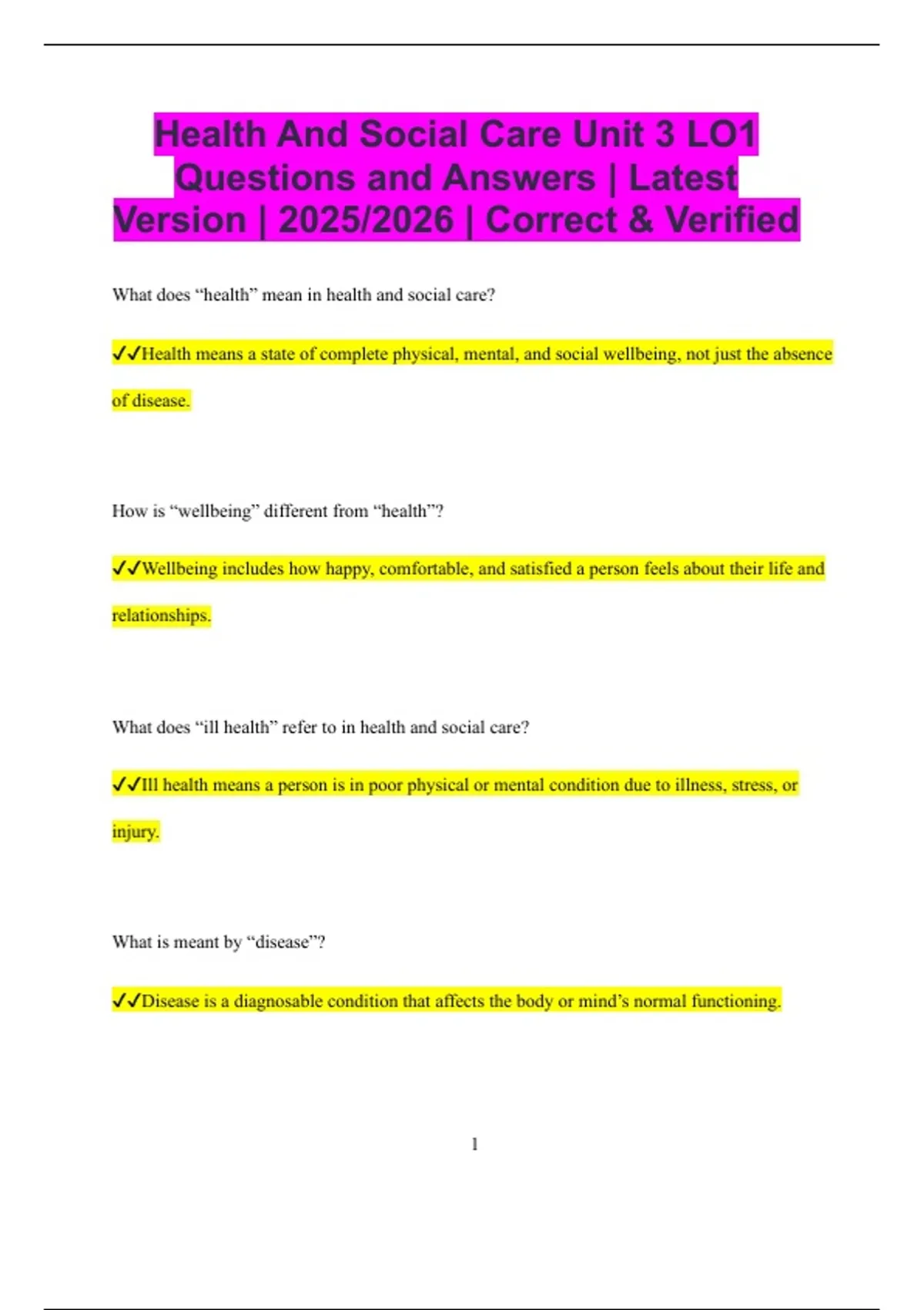 Health And Social Care Unit 3 LO1 Questions and Answers | Latest ...
