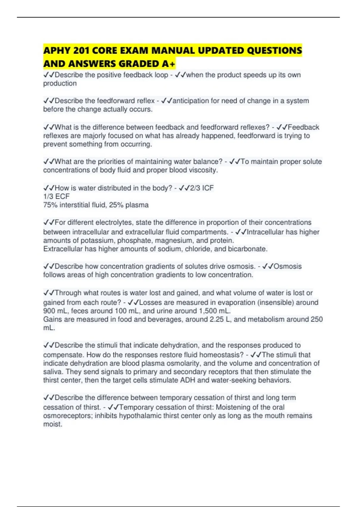 APHY 201 CORE EXAM MANUAL UPDATED QUESTIONS AND ANSWERS GRADED A+ ...