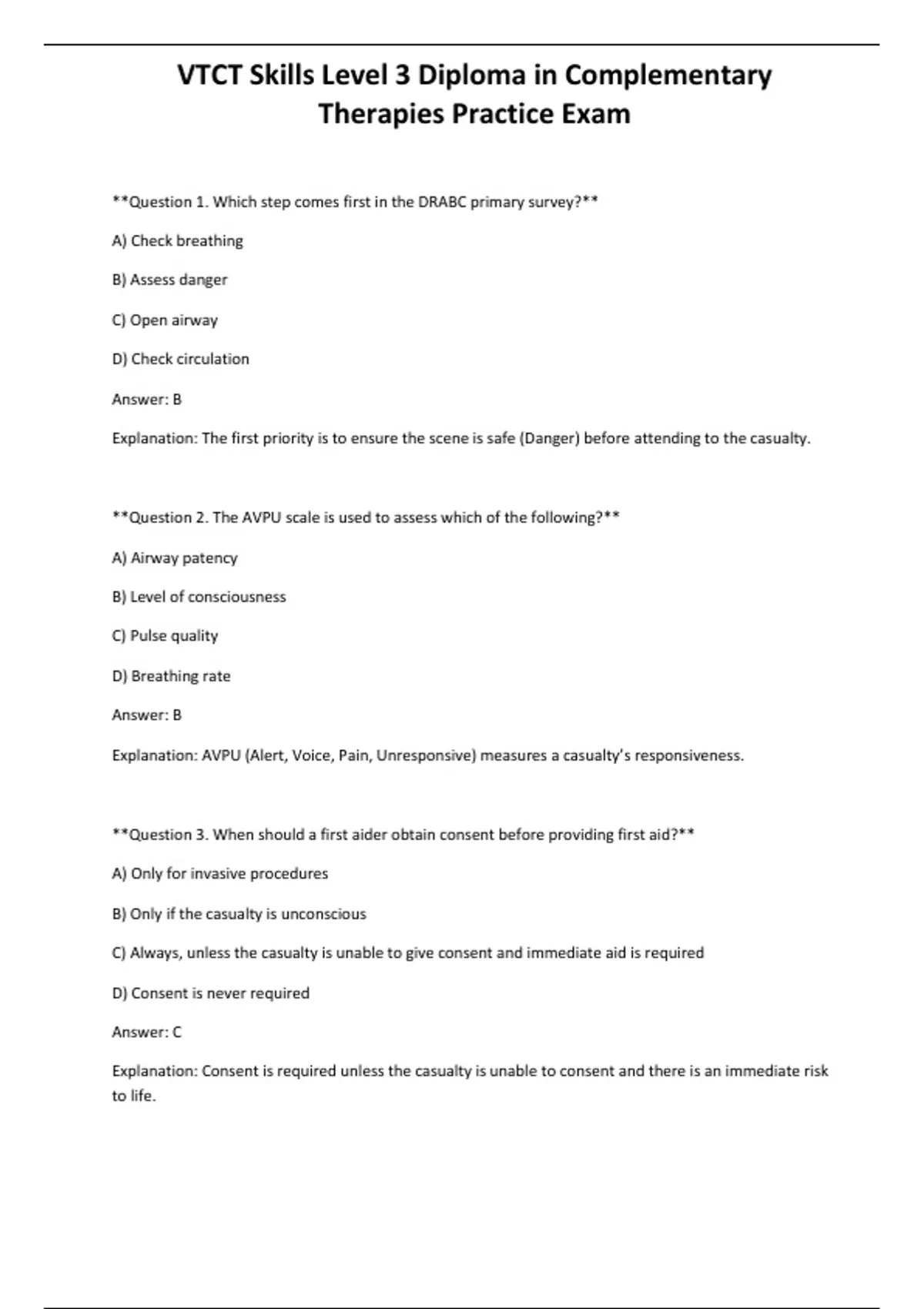 Vtct Vector VTCT Skills Level 3 Diploma in Complementary Therapies Practice Exam ...