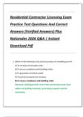 Residential Contractor Licensing Exam  Practice Test Questions And Correct  Answers &lpar;Verified Answers&rpar; Plus  Rationales 2026 Q&A &vert; Instant  Download Pdf 