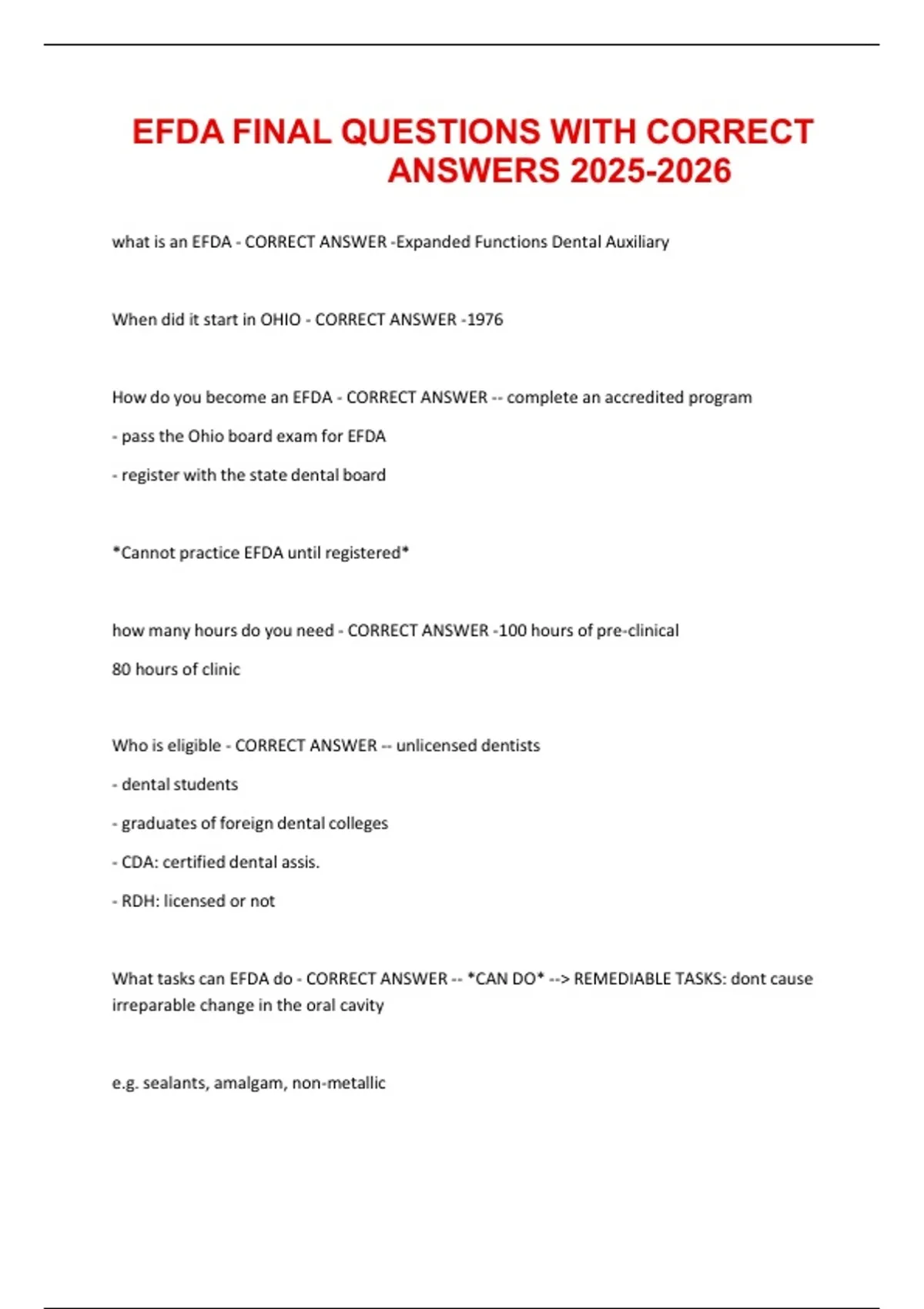 EFDA FINAL QUESTIONS WITH CORRECT ANSWERS - EFDA - Stuvia US