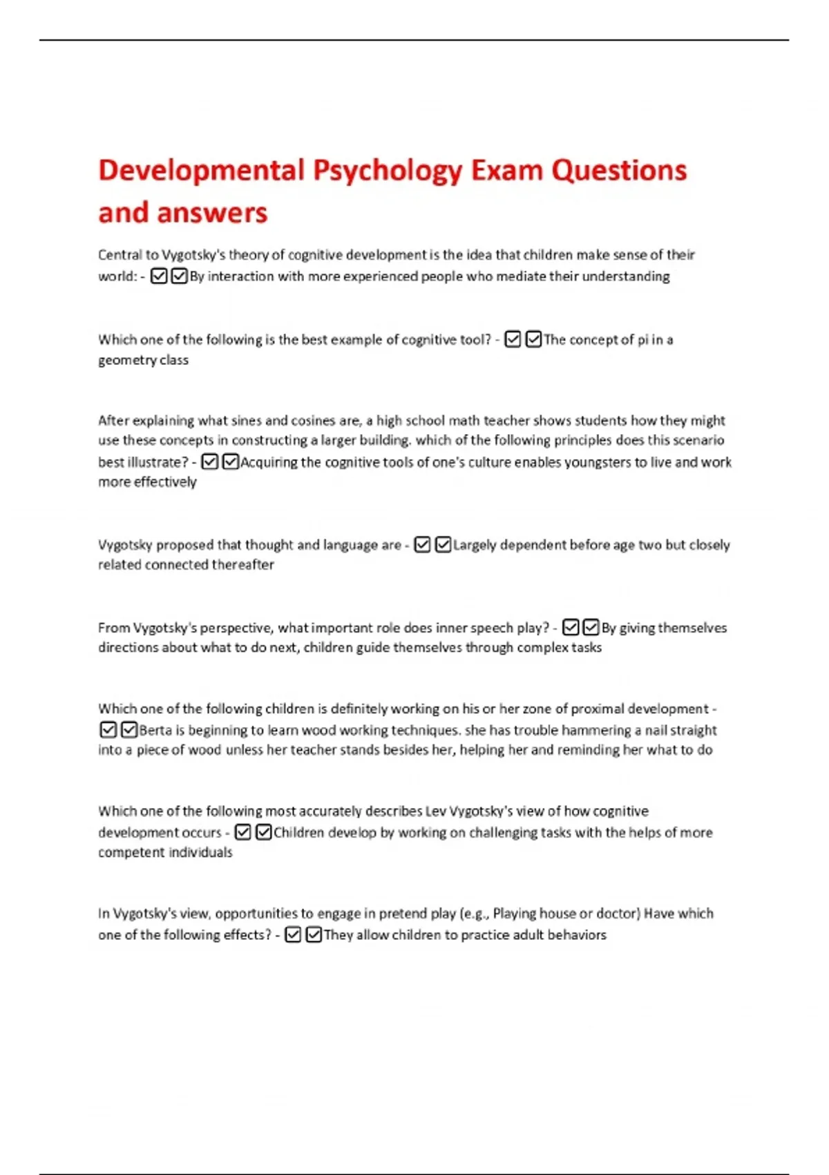 Developmental Psychology Exam Questions and answers - Developmental ...