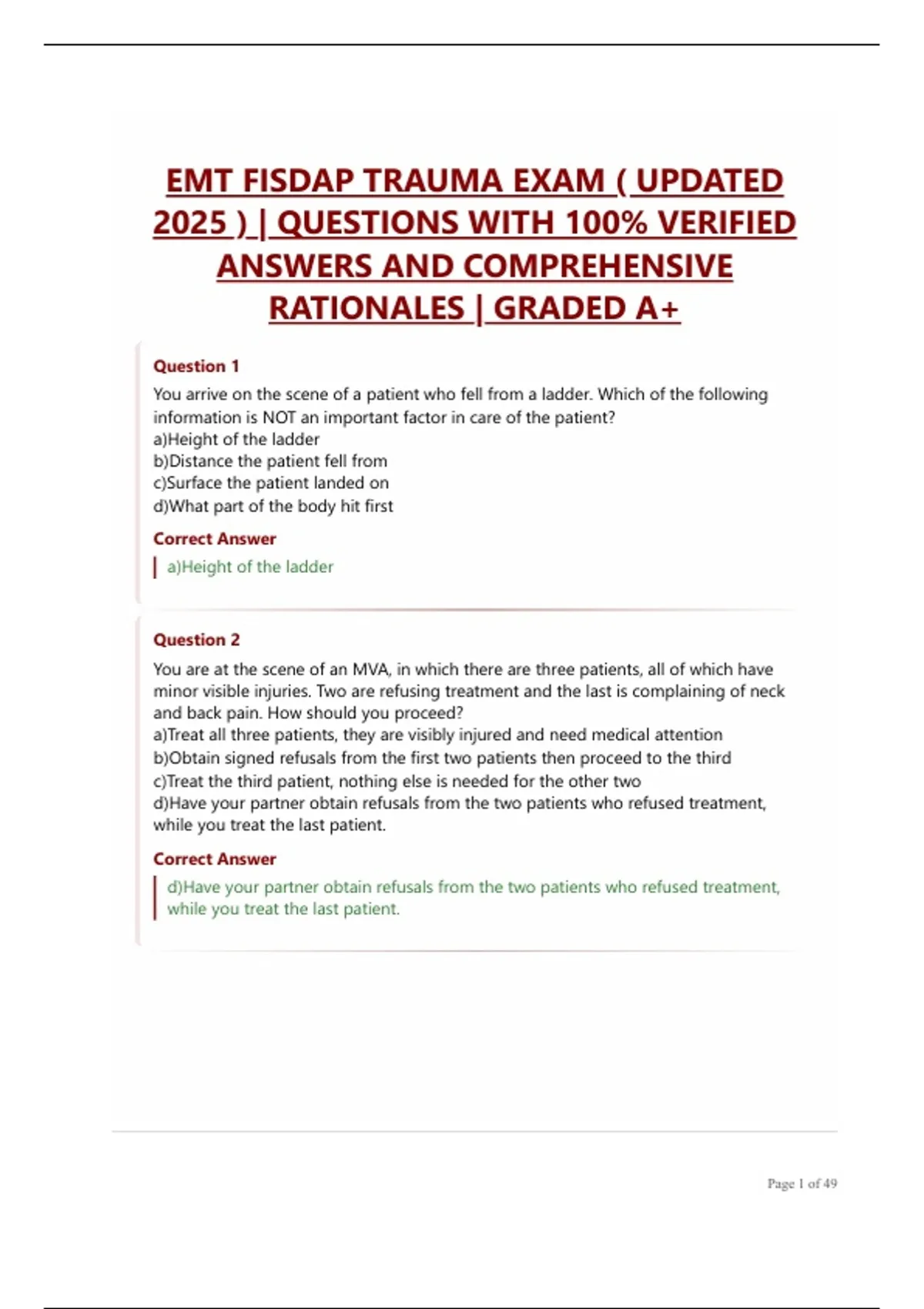 EMT FISDAP TRAUMA EXAM ( UPDATED 2025 ) | QUESTIONS WITH 100% VERIFIED ...