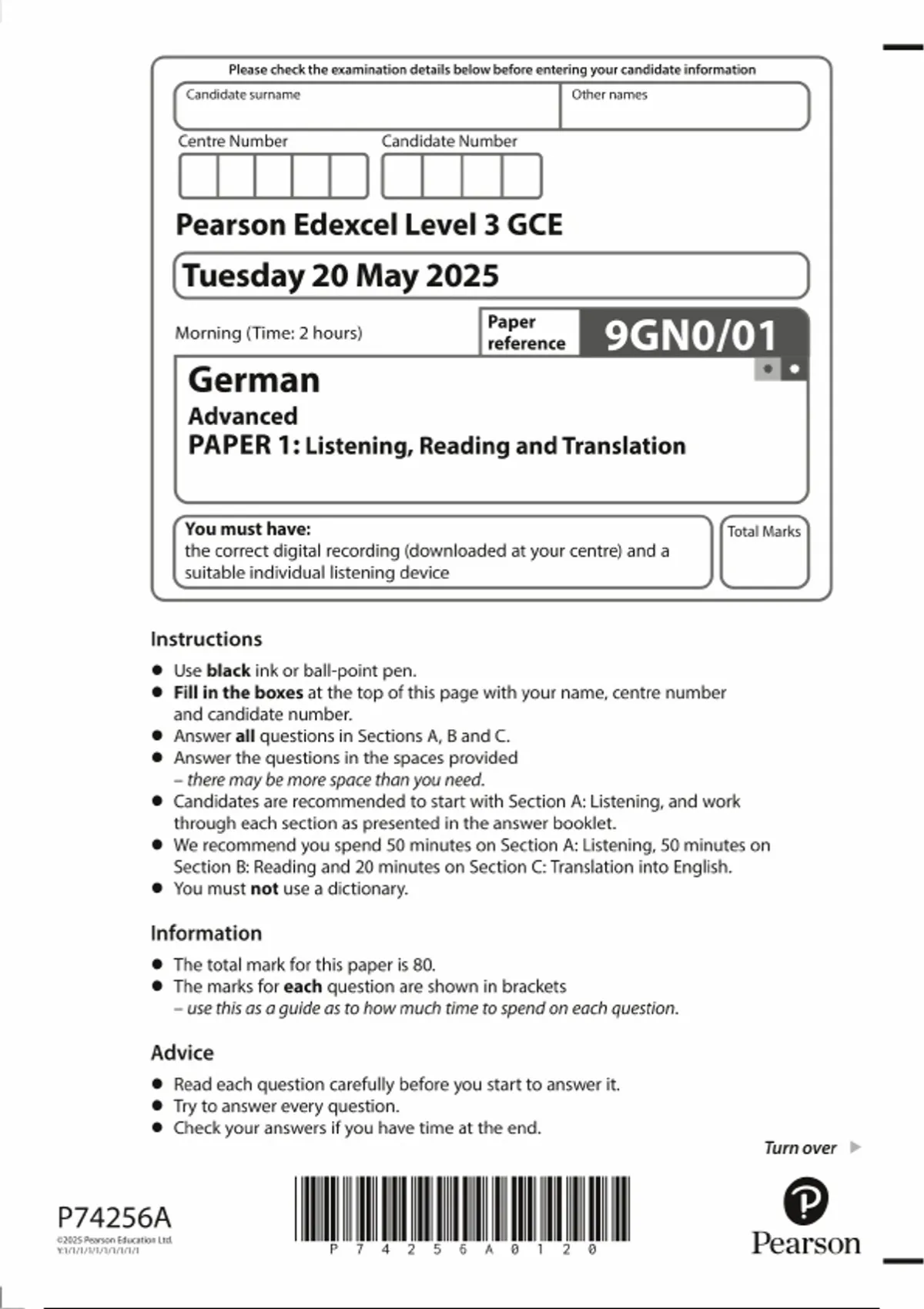 2025 PEARSON EDEXCEL A LEVEL GERMAN PAPER 1 QUESTION PAPER : Listening ...