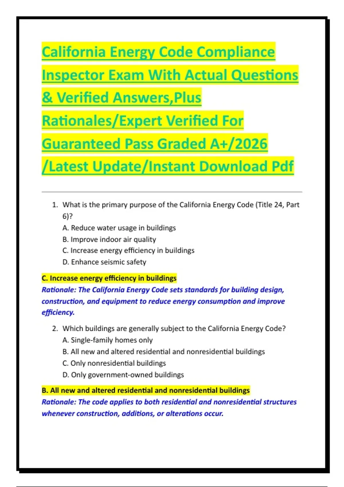 California Energy Code Compliance Inspector Exam With Actual Questions ...