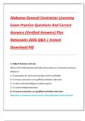 Alabama General Contractor Licensing  Exam Practice Questions And Correct  Answers &lpar;Verified Answers&rpar; Plus  Rationales 2026 Q&A &vert; Instant  Download Pdf