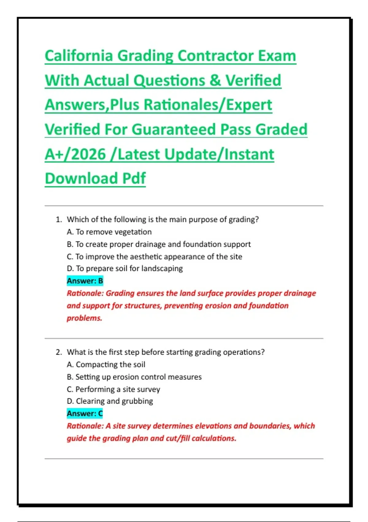 California Grading Contractor Exam With Actual Questions & Verified ...