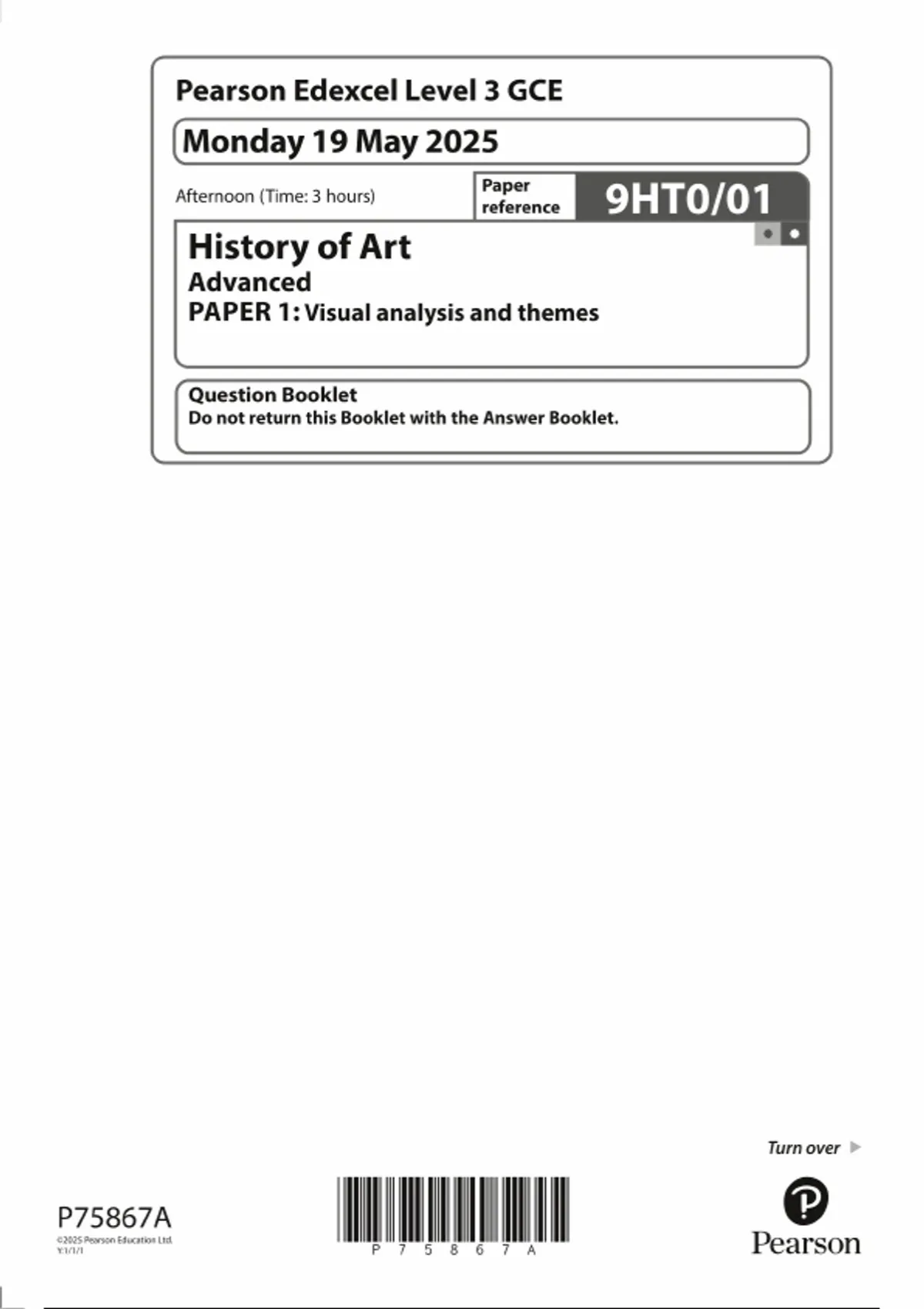 2025 PEARSON EDEXCEL A LEVEL History of Art QUESTION PAPER 1 QUESTION ...