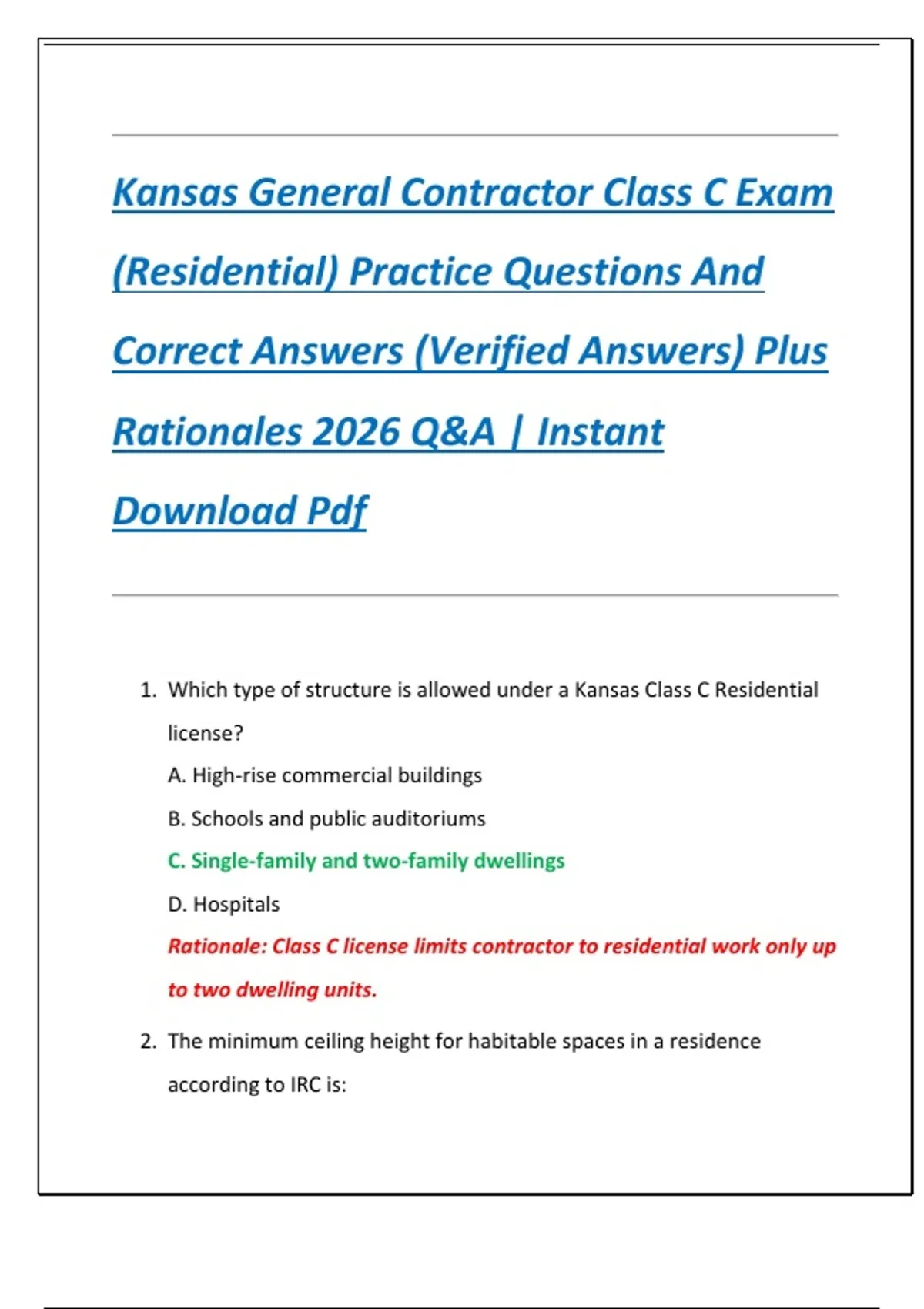 Kansas Classification Kc Kansas General Contractor Class C Exam (Residential) Practice Questions ...