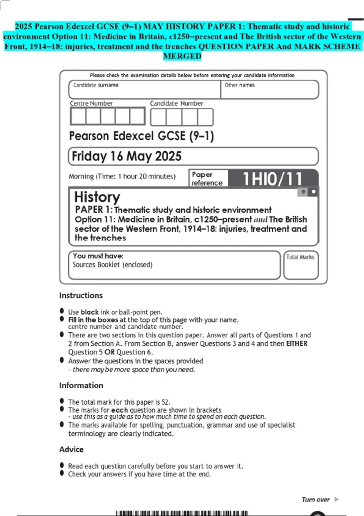 2025 Pearson Edexcel GCSE (9–1) MAY HISTORY PAPER 1: Thematic study and ...