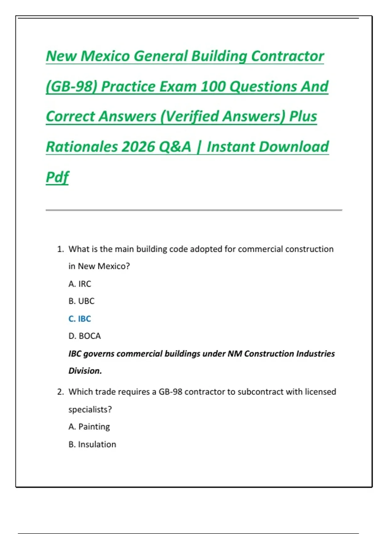 New Mexico General Building Contractor (GB-98) Practice Exam 100 Questions And Correct Answers ...