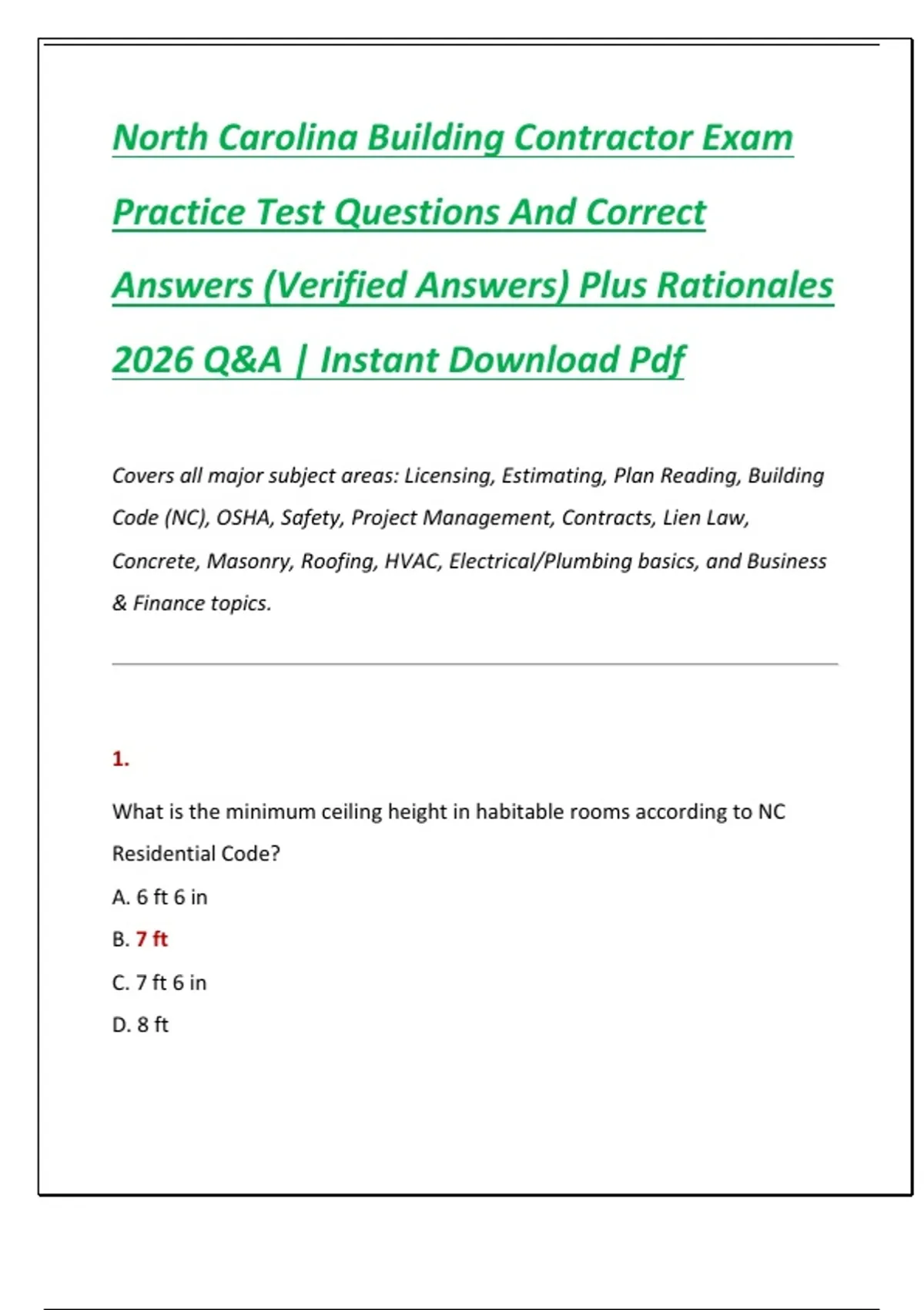 North Carolina Building Contractor Exam Practice Test Questions And ...