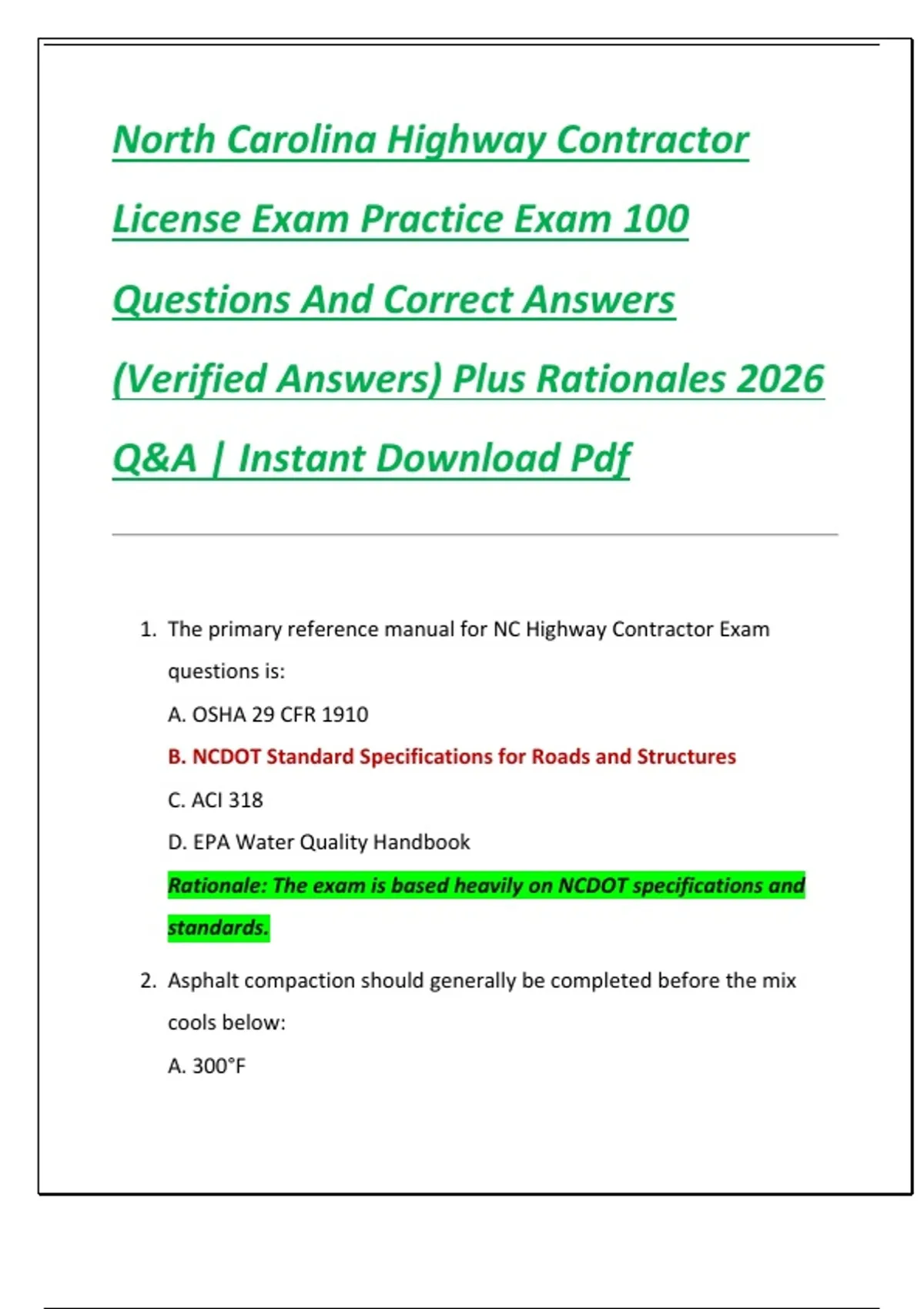 North Carolina Highway Contractor License Exam Practice Exam 100 ...