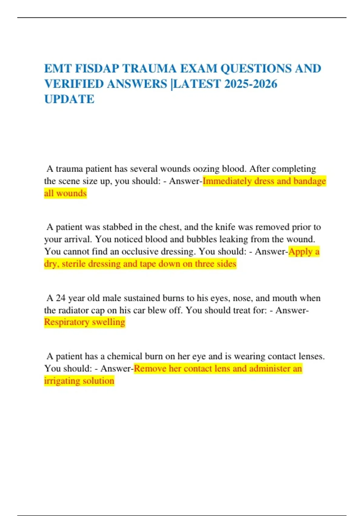 EMT FISDAP TRAUMA EXAM QUESTIONS AND VERIFIED ANSWERS |LATEST UPDATE ...