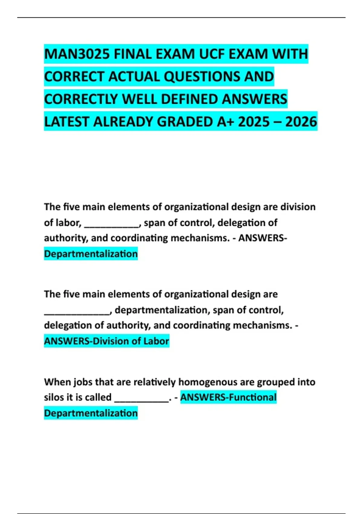 MAN3025 FINAL EXAM UCF EXAM WITH CORRECT ACTUAL QUESTIONS AND CORRECTLY ...