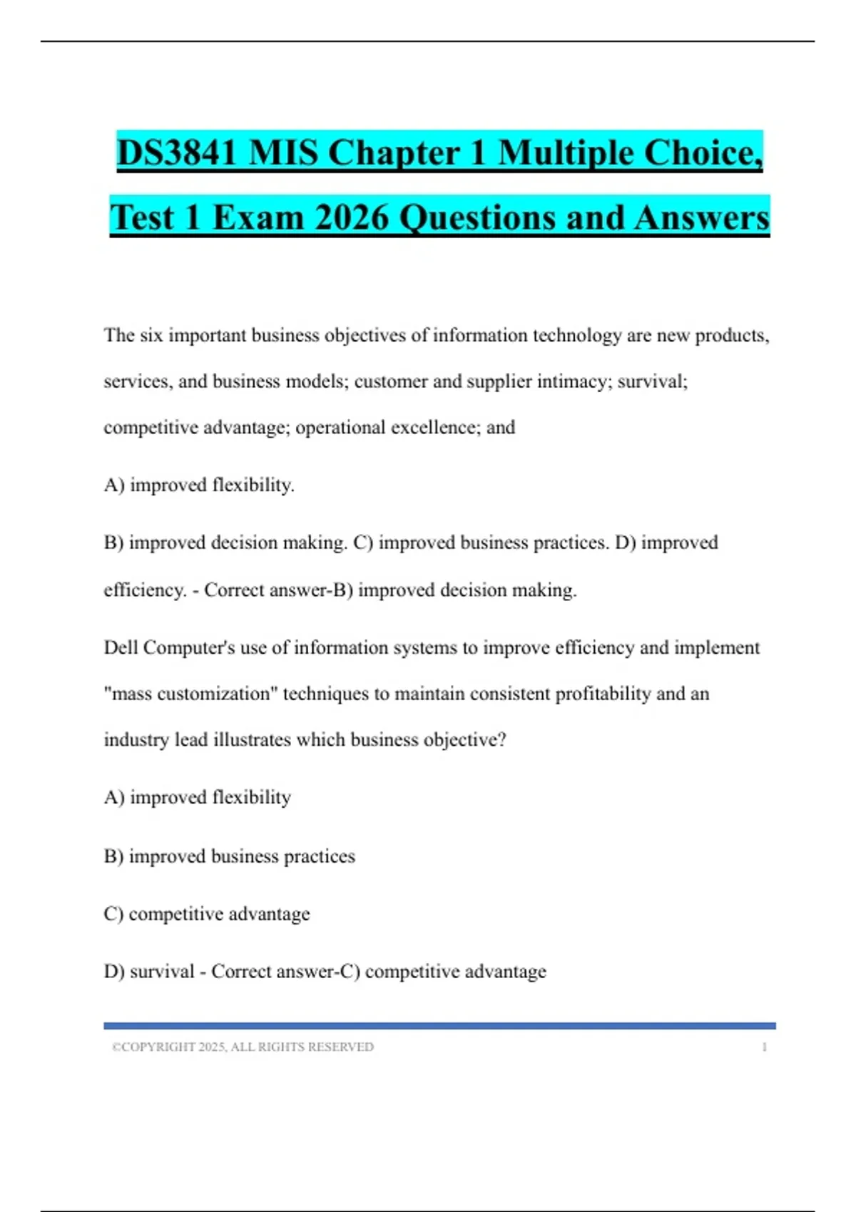 DS3841 MIS Chapter 1 Multiple Choice, Test 1 Exam 2026 Questions and ...