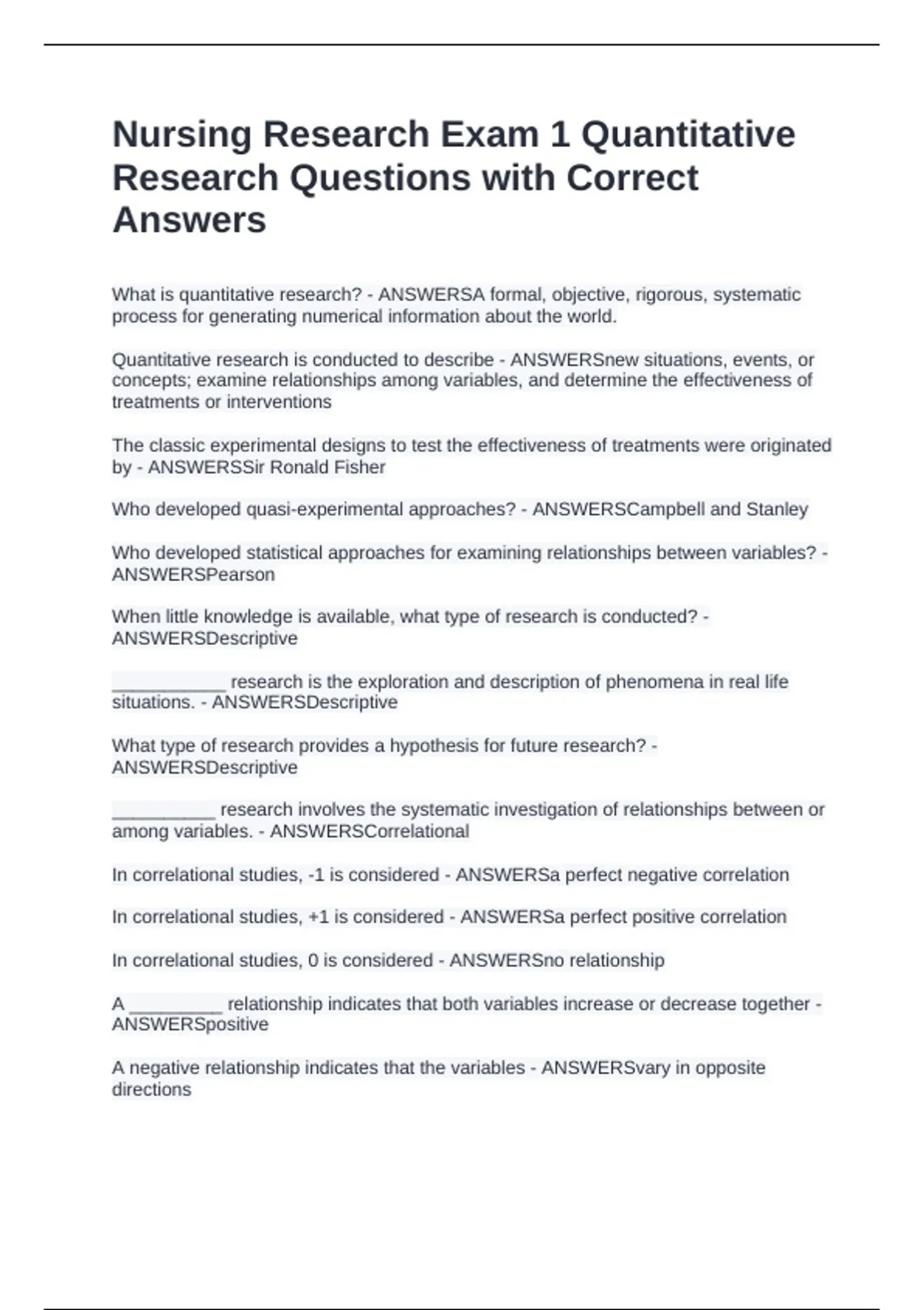 Nursing Research Exam 1 Quantitative Research Questions with Correct ...