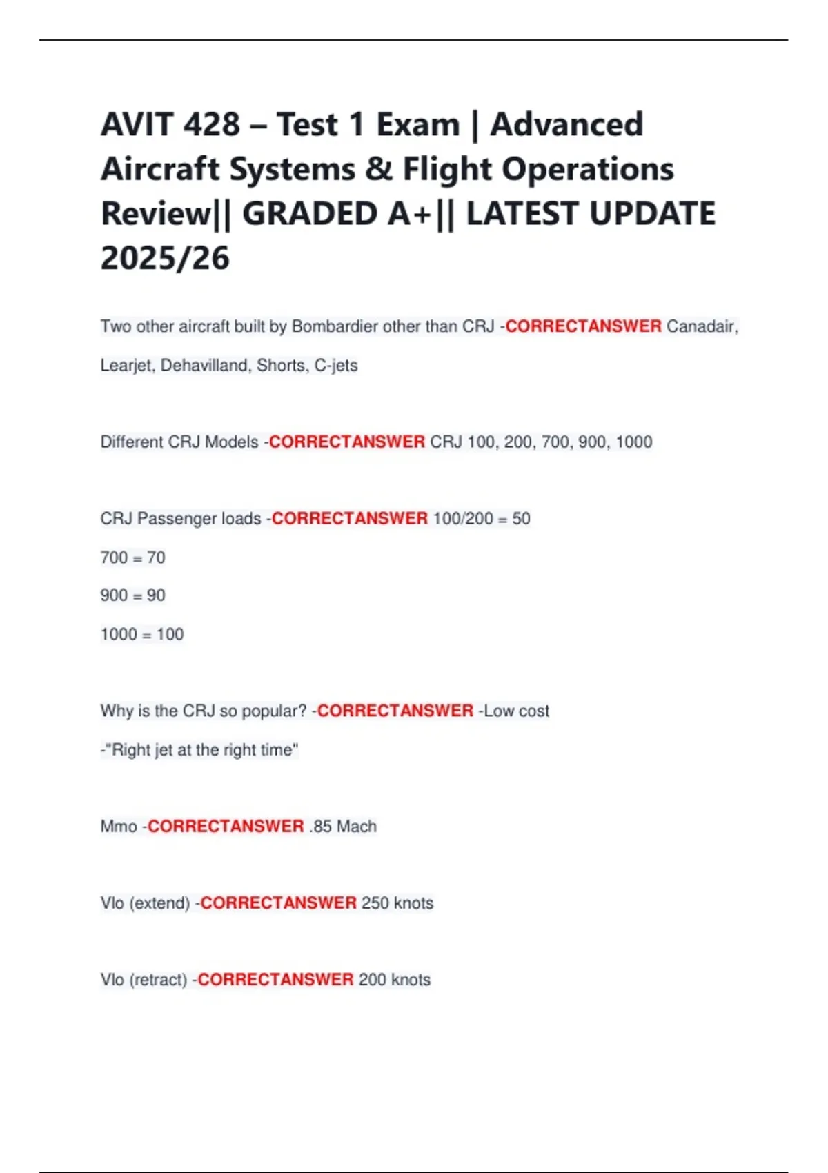AVIT 428 – Test 1 Exam | Advanced Aircraft Systems & Flight Operations ...