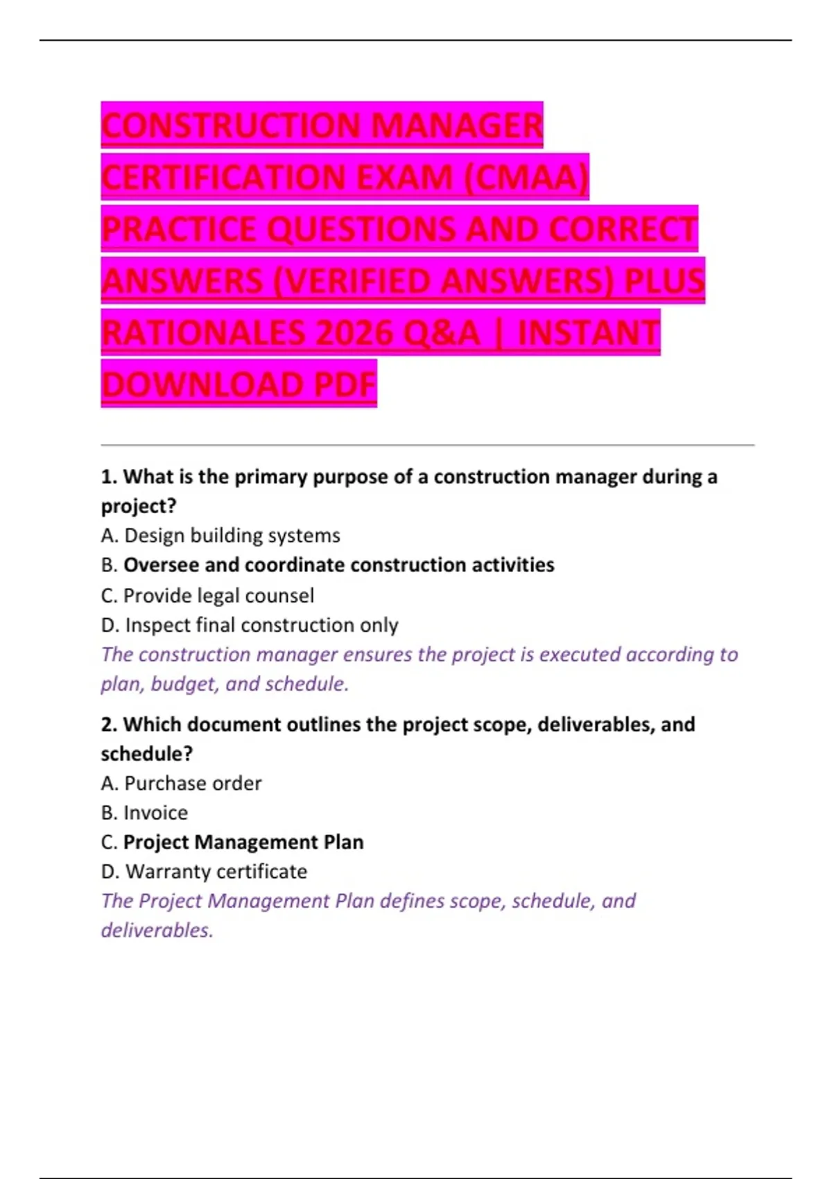 CONSTRUCTION MANAGER CERTIFICATION EXAM (CMAA) PRACTICE QUESTIONS AND ...