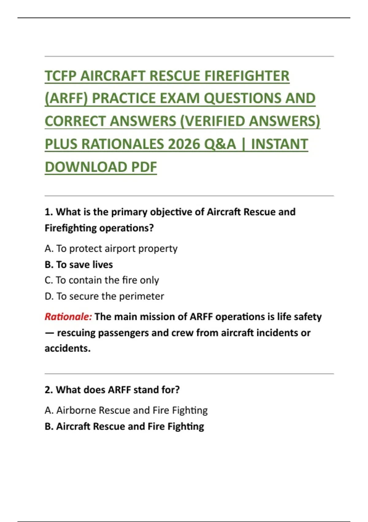 TCFP AIRCRAFT RESCUE FIREFIGHTER (ARFF) PRACTICE EXAM QUESTIONS AND ...