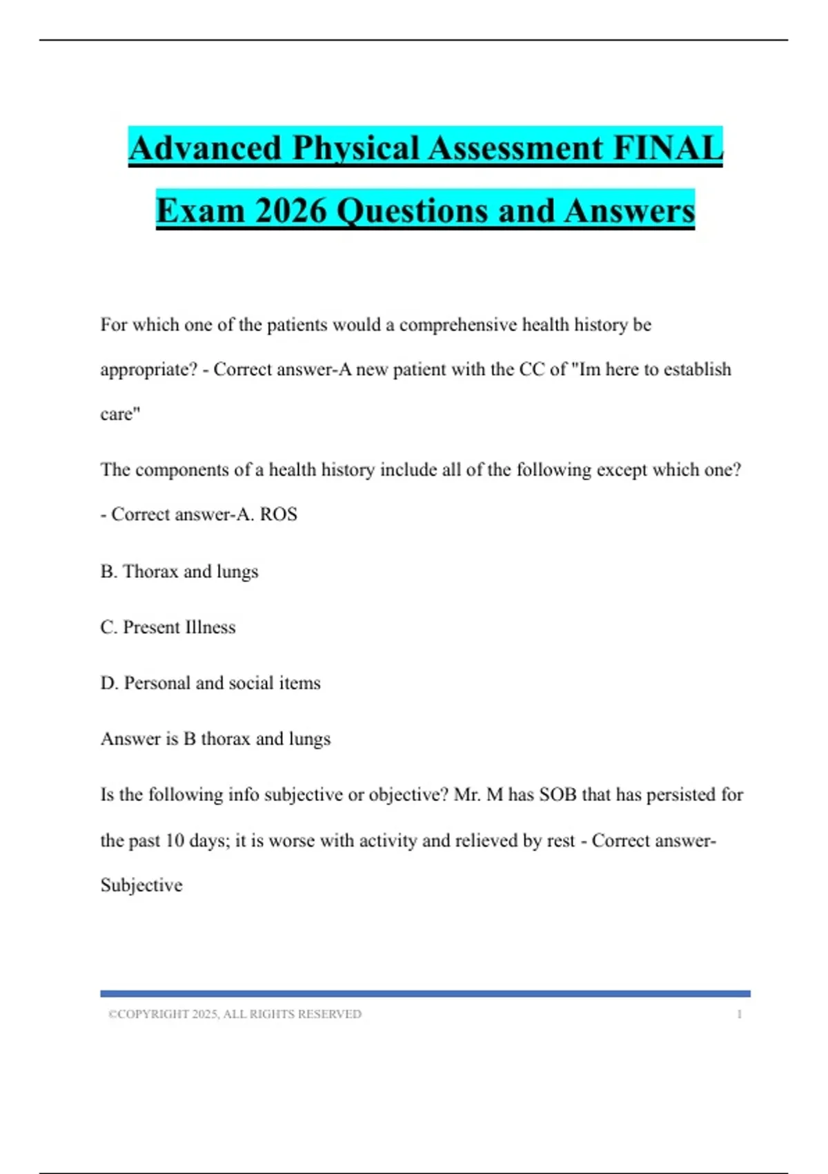 Advanced Physical Assessment FINAL Exam 2026 Questions and Answers ...