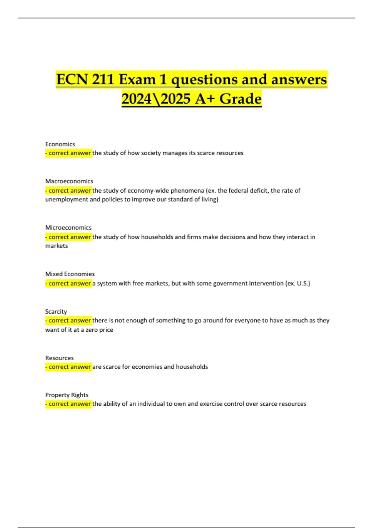 ECN 211 Exam 1 – Questions and Expertly Verified Answers | Actual 2024/ ...